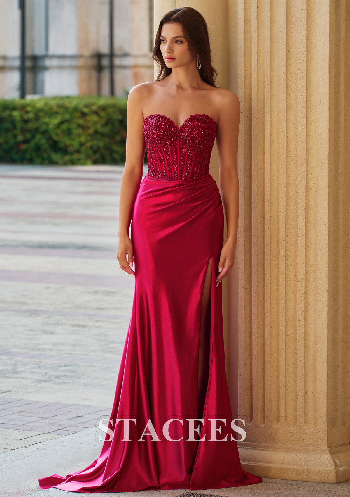 Burgundy Mermaid Strapless Beaded Corset Backless Prom Dress with High Slit - STACEES