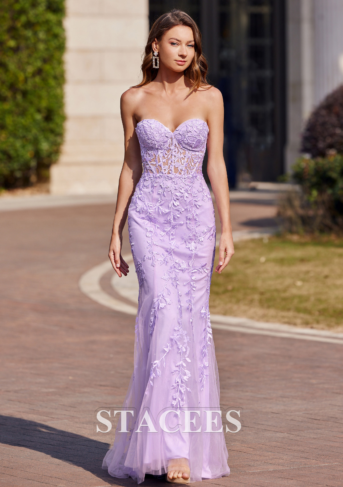 Lilac Trumpet/Mermaid Sweetheart Sweep Train Tulle Prom Dress with Appliqued Beading - STACEES