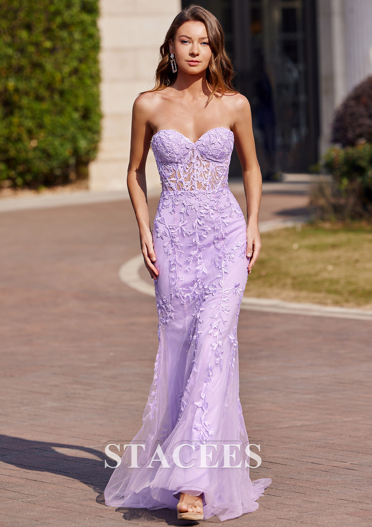 Lilac Trumpet/Mermaid Sweetheart Sweep Train Tulle Prom Dress with Appliqued Beading - STACEES