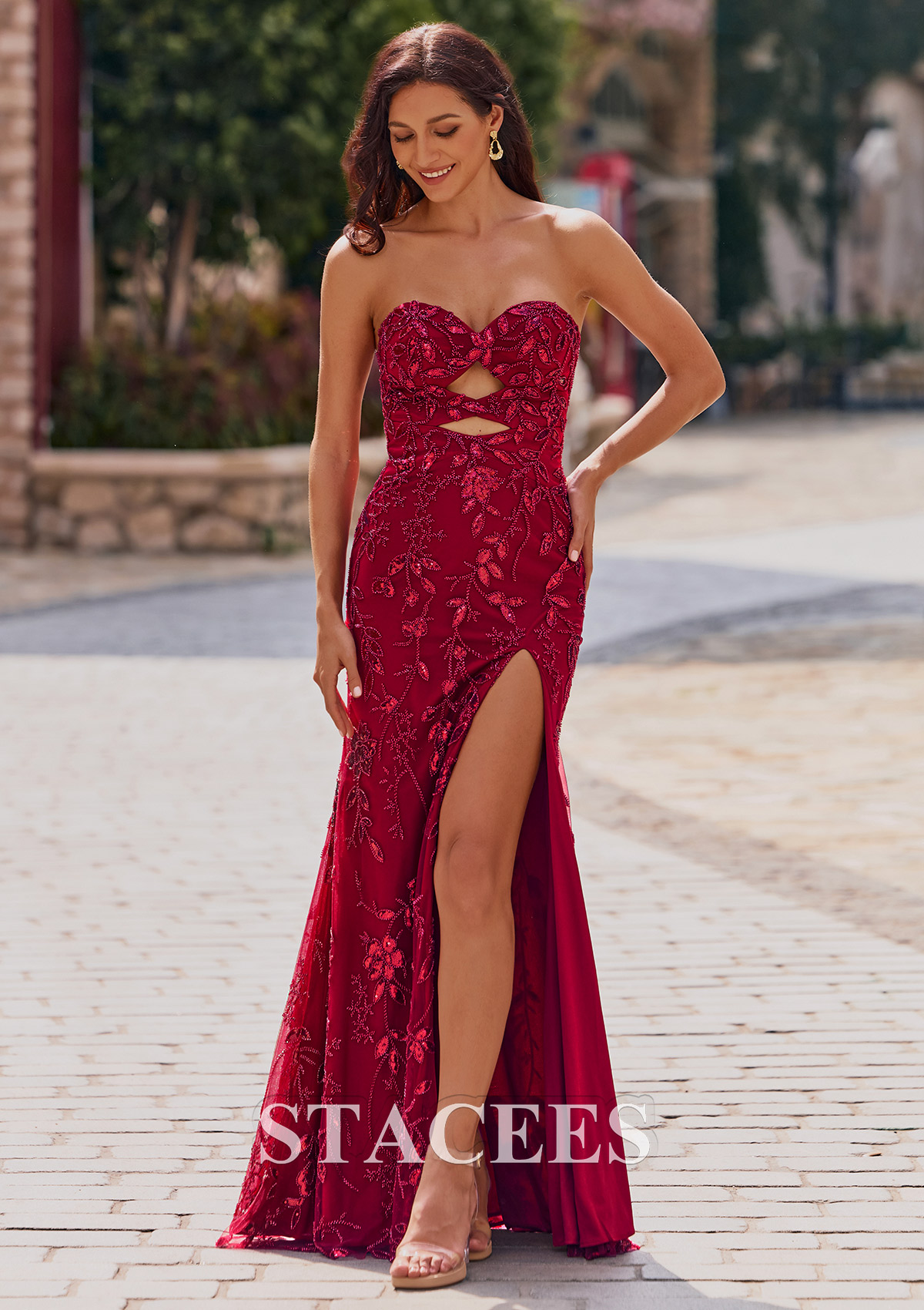 Bordeaux Trumpette/Sirène cache coeur tulle longueur ras du sol robe de bal avec perles trou de serrure - STACEES