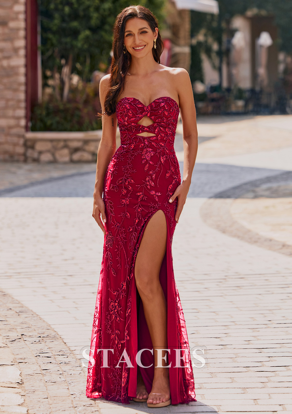 Strapless Embroidered Prom Dress with Cutout Bodice and High Slit S8942P - Prom Dresses