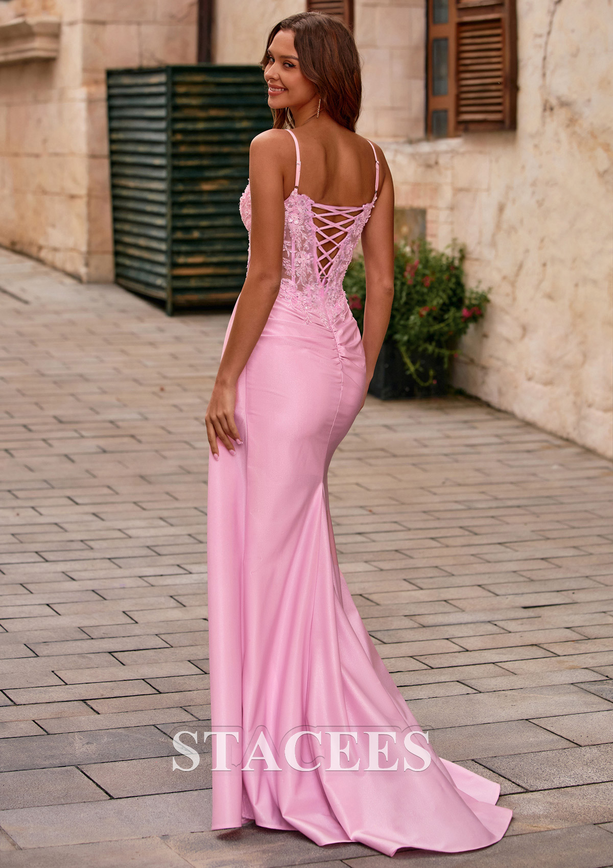 Blushing Pink Mermaid V Neck Sheer Beaded Corset Slit Prom Dress with Side Draping - STACEES