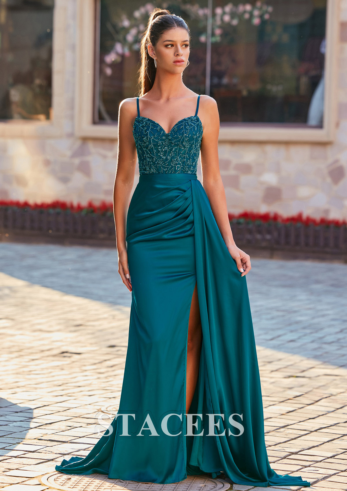 Bleu Paon Trumpette/Sirène col en v satin traîne balayage robe de bal  - STACEES