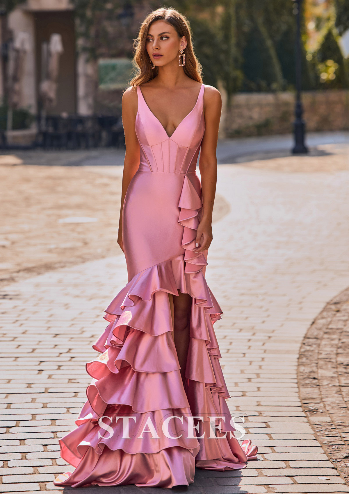 Rose Pale Trumpette/Sirène col en v soie comme du satin traîne balayage robe de bal  - STACEES