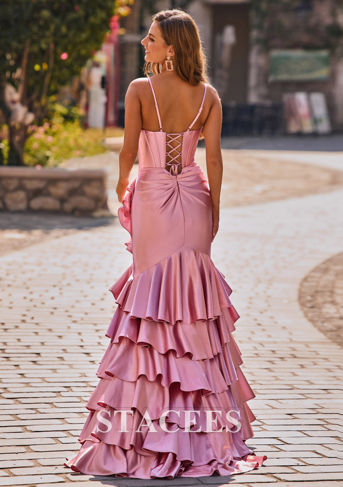 Rose Pale Trumpette/Sirène col en v soie comme du satin traîne balayage robe de bal  - STACEES