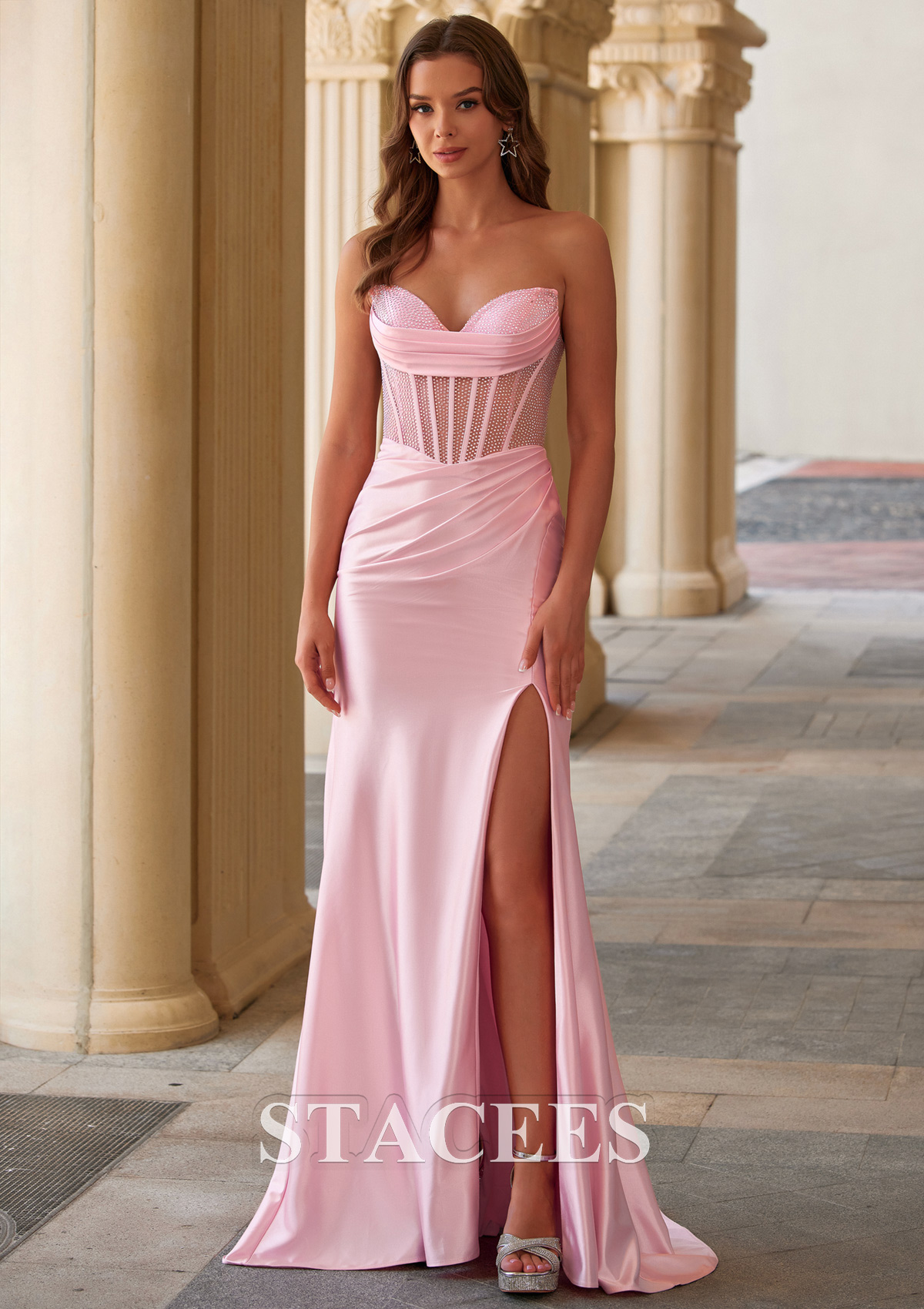 Blushing Pink Mermaid Strapless Ruched Sheer Hotfix Corset Prom Dress with Slit - STACEES