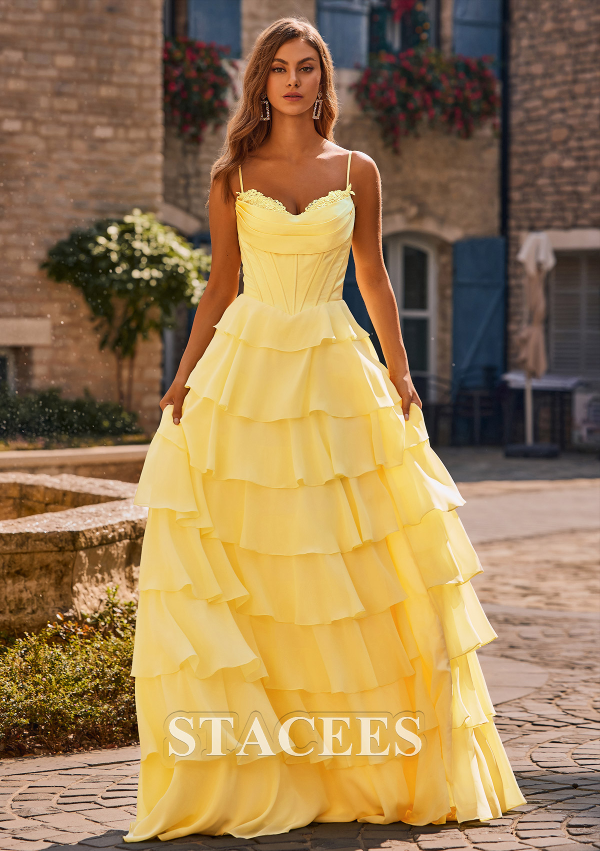 Daffodil A-line Cowl Neck Chiffon Satin Layered Ruffle Prom Dress with Applique Slit - STACEES