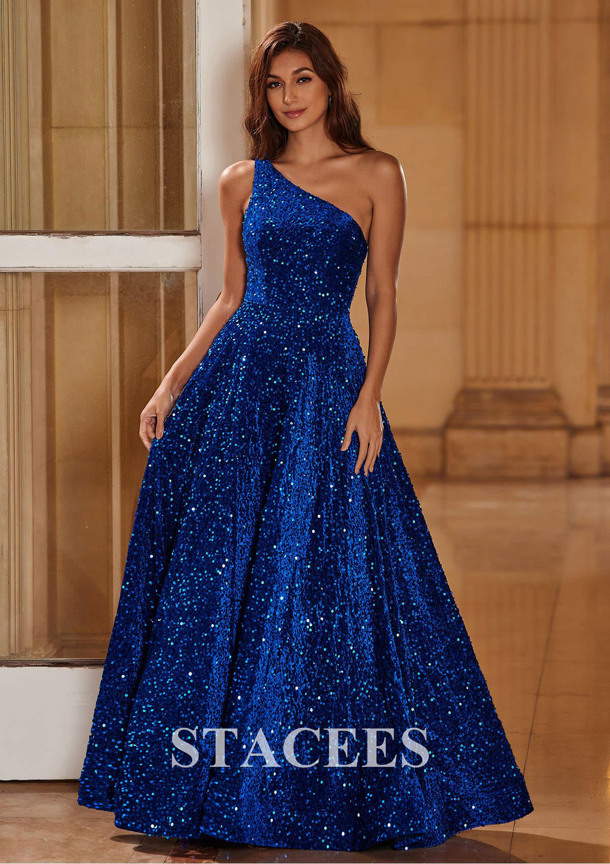 Royal Blue A-line One-Shoulder Velvet Sequins Floor-Length Prom Dress with Pockets - STACEES