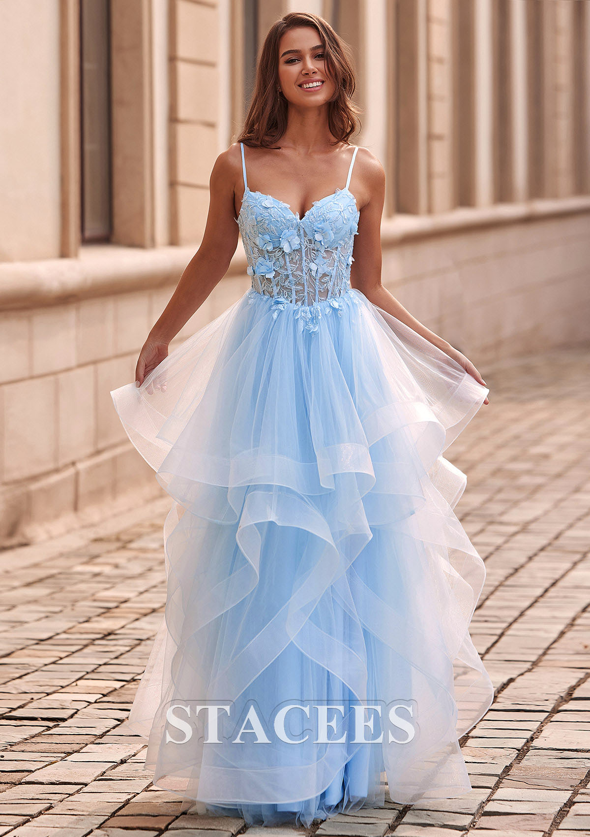 Sky Blue A-line V Neck Sheer Lace Corset Ruffle Prom Dress - STACEES
