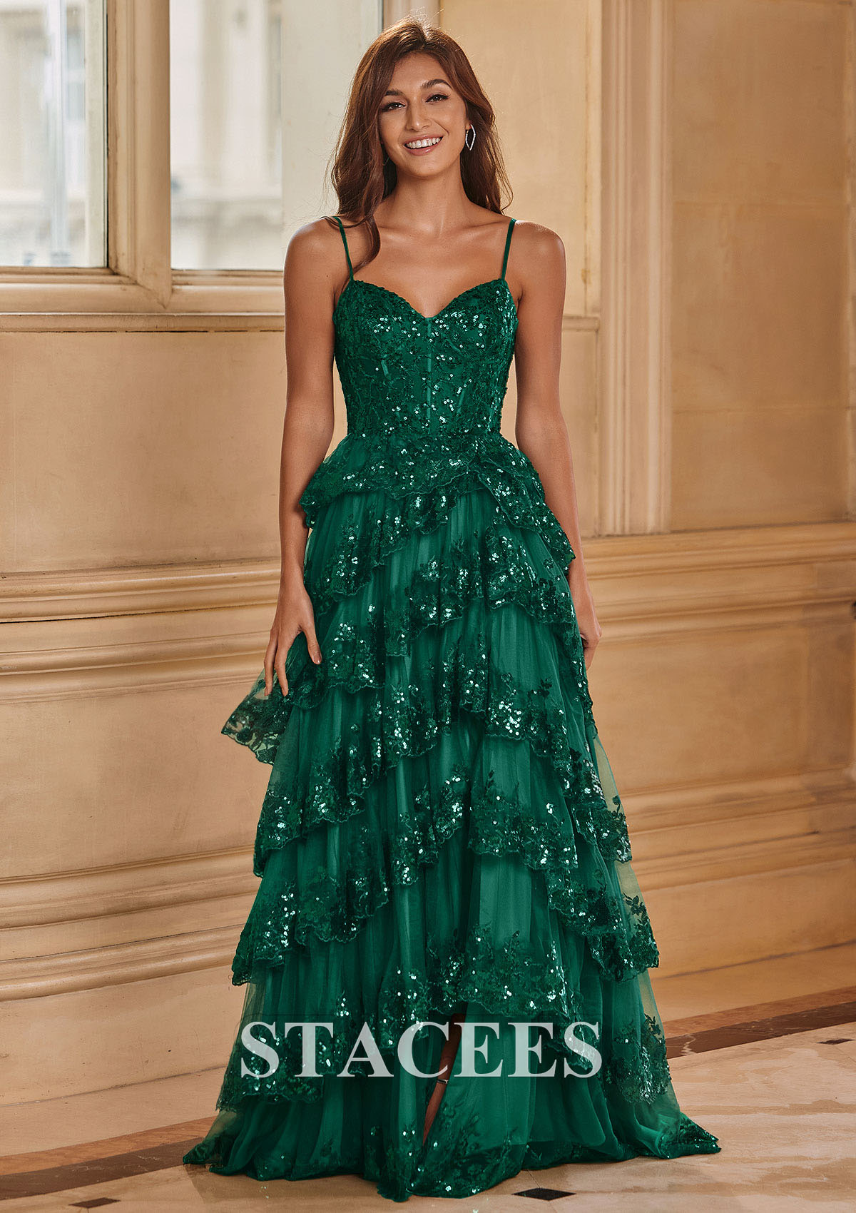 Dark Green A-line Corset Tiered Ruffle Slit Prom Dress with Appliqued Sequins - STACEES