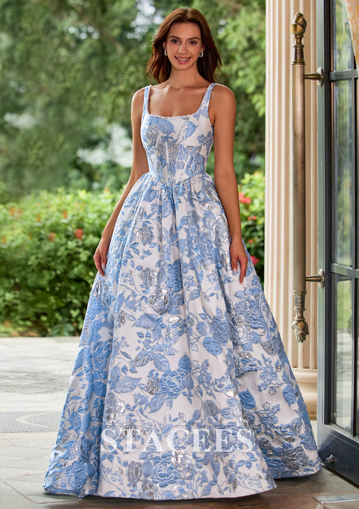 Floral Azul Cielo Vestido línea a vestido de gala cuello cuadrado brocado cola de barrido vestido de graduación - STACEES