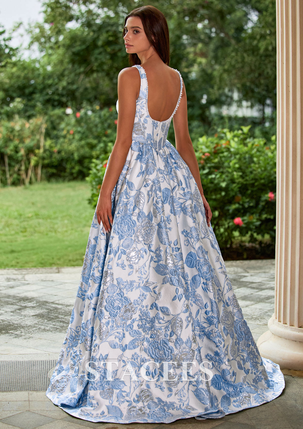 Floral Azul Cielo Vestido línea a vestido de gala cuello cuadrado brocado cola de barrido vestido de graduación - STACEES