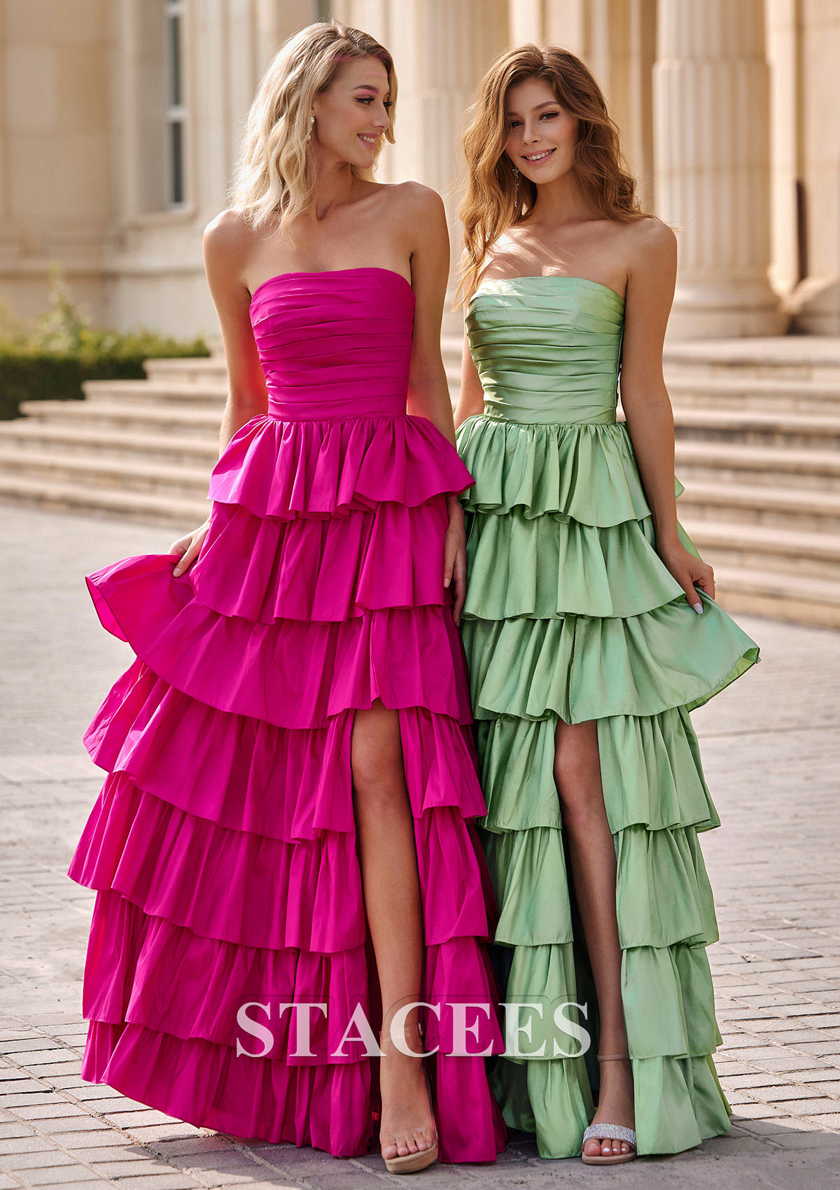 Hot Pink A-line Square Neckline Strapless Ruffled Taffeta Prom Dress with Slit Pleats - STACEES
