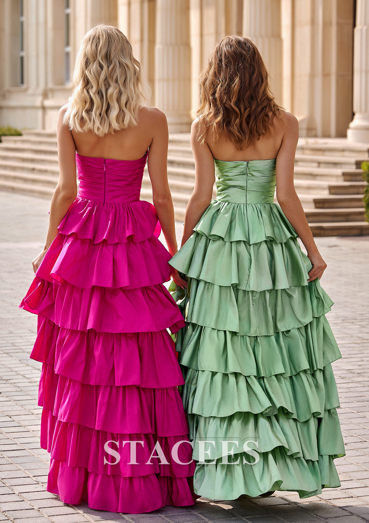 Hot Pink A-line Square Neckline Strapless Ruffled Taffeta Prom Dress with Slit Pleats - STACEES