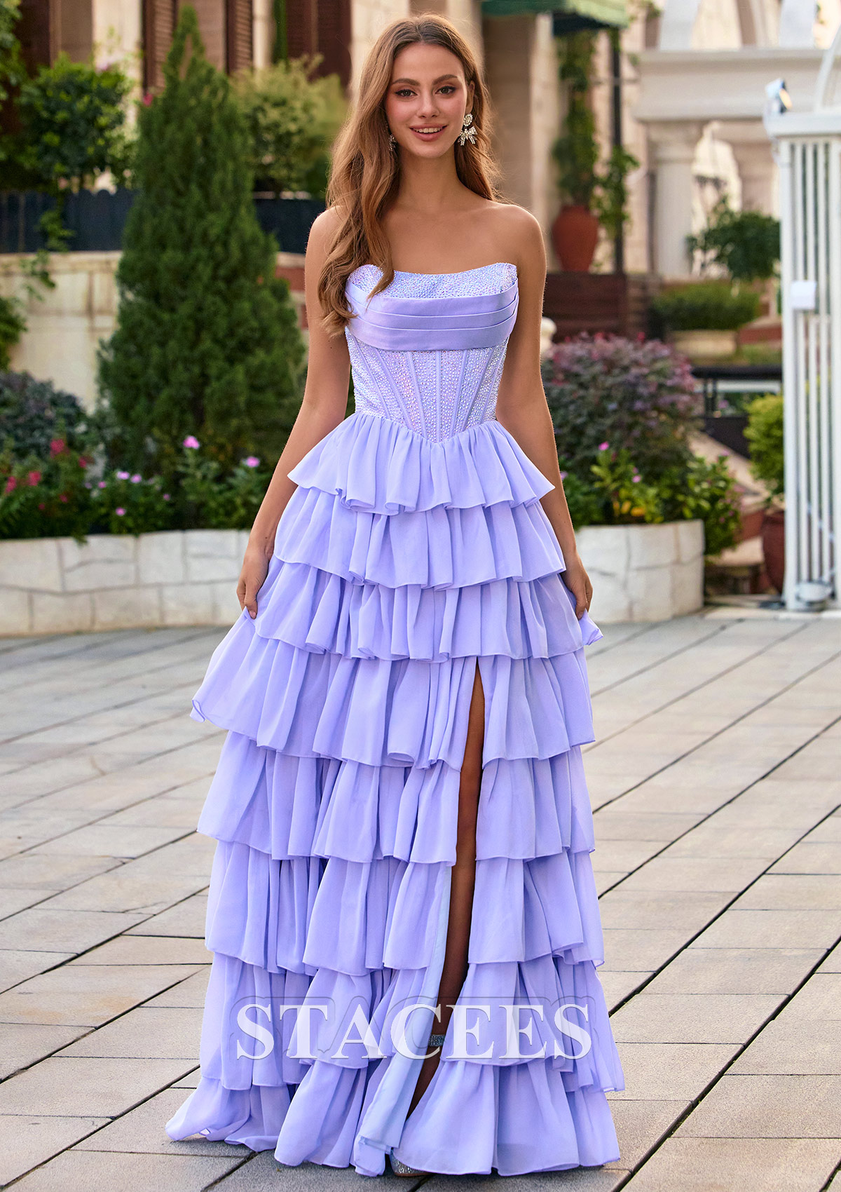 Lavande Trapèze scoop mousseline traîne balayage robe de bal avec strass thermocollant plissé - STACEES