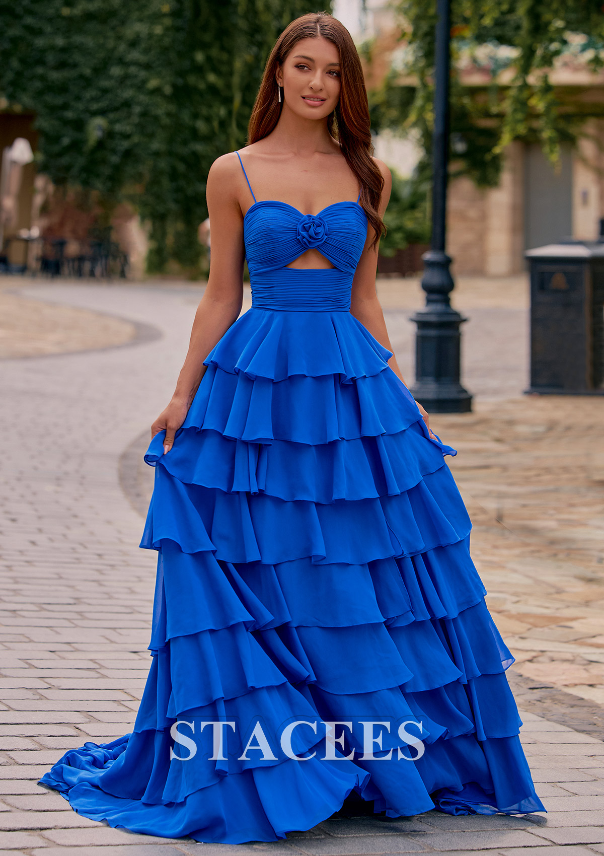 Ocean Blue A-line Rose Sweetheart Cutout Ruched Tiered Ruffle Chiffon Prom Dress with Slit - STACEES