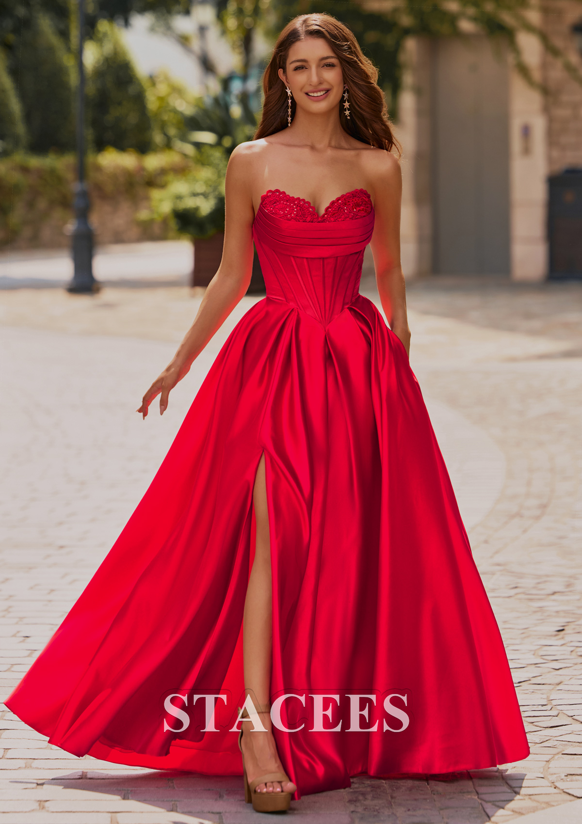 Red A-line Appliqued Ruched Strapless Sweetheart Corset Satin Slit Prom Dress - STACEES