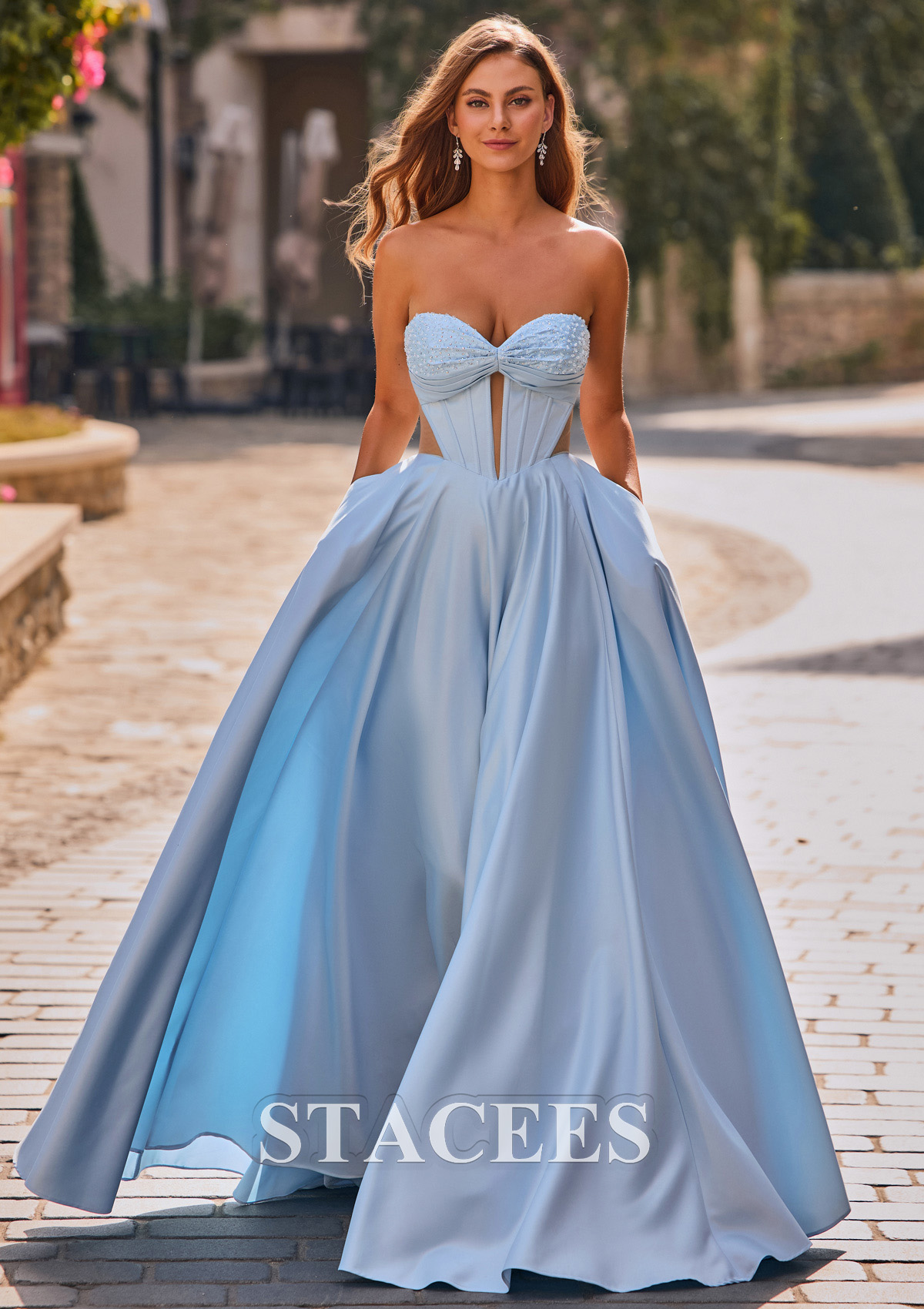 Sky Blue A-line Sweetheart Strapless Cutout Pleated Corset Satin Prom Dress - STACEES