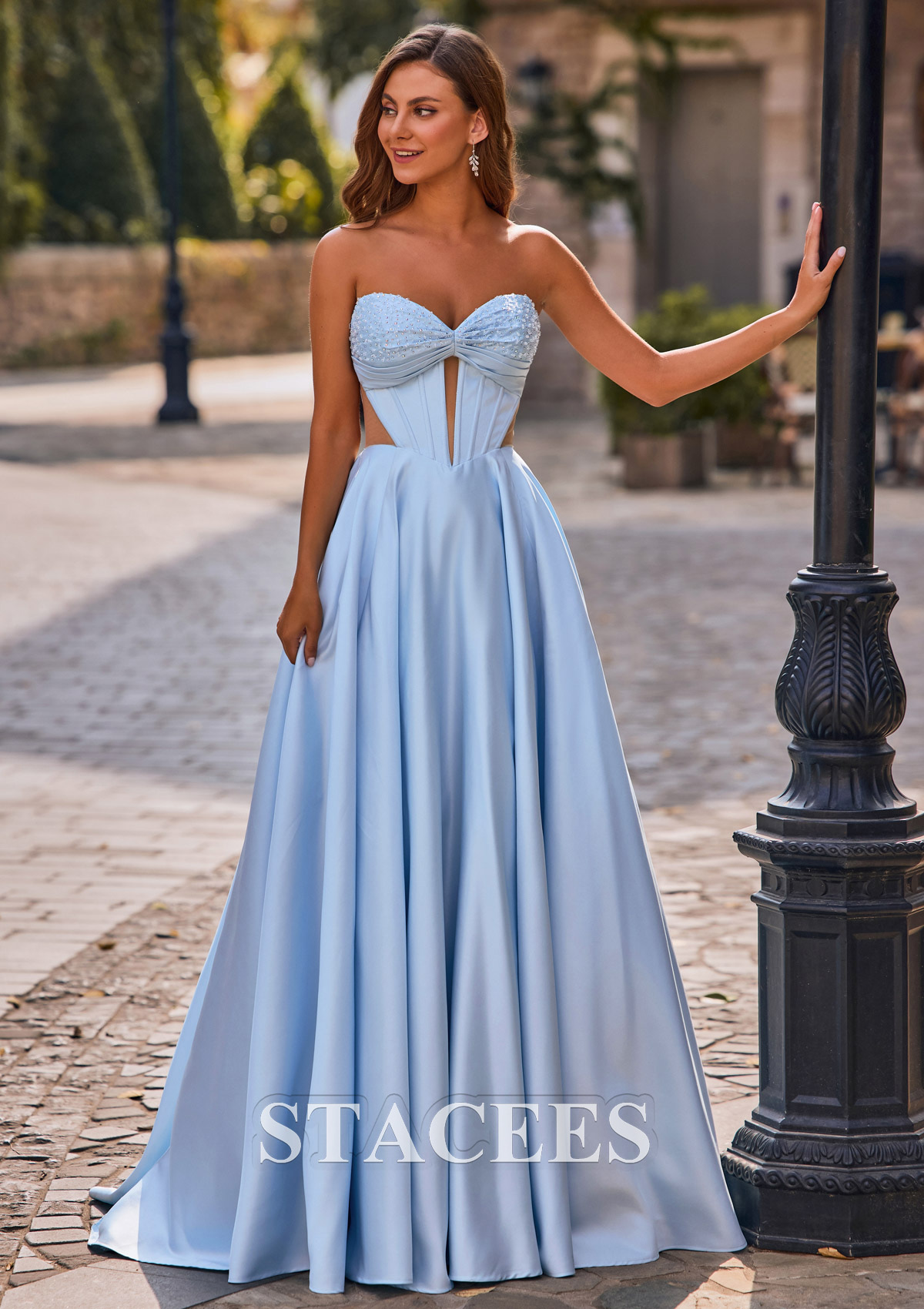 Sky Blue A-line Sweetheart Strapless Cutout Pleated Corset Satin Prom Dress - STACEES