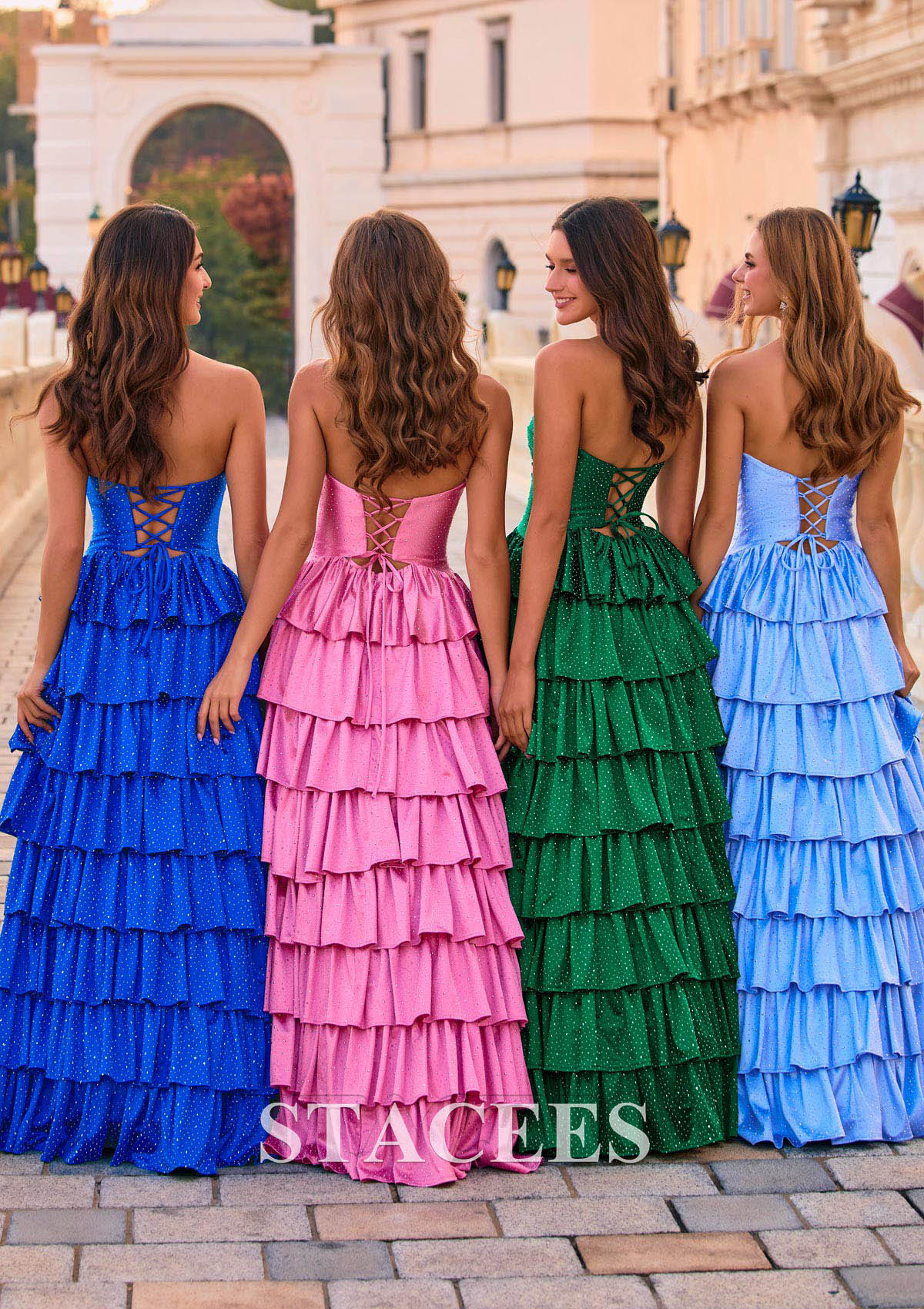 Emerald Sparkle A-line Strapless Cut-Out Tiered Ruffle Hot Fix Prom Dress with Slit - STACEES