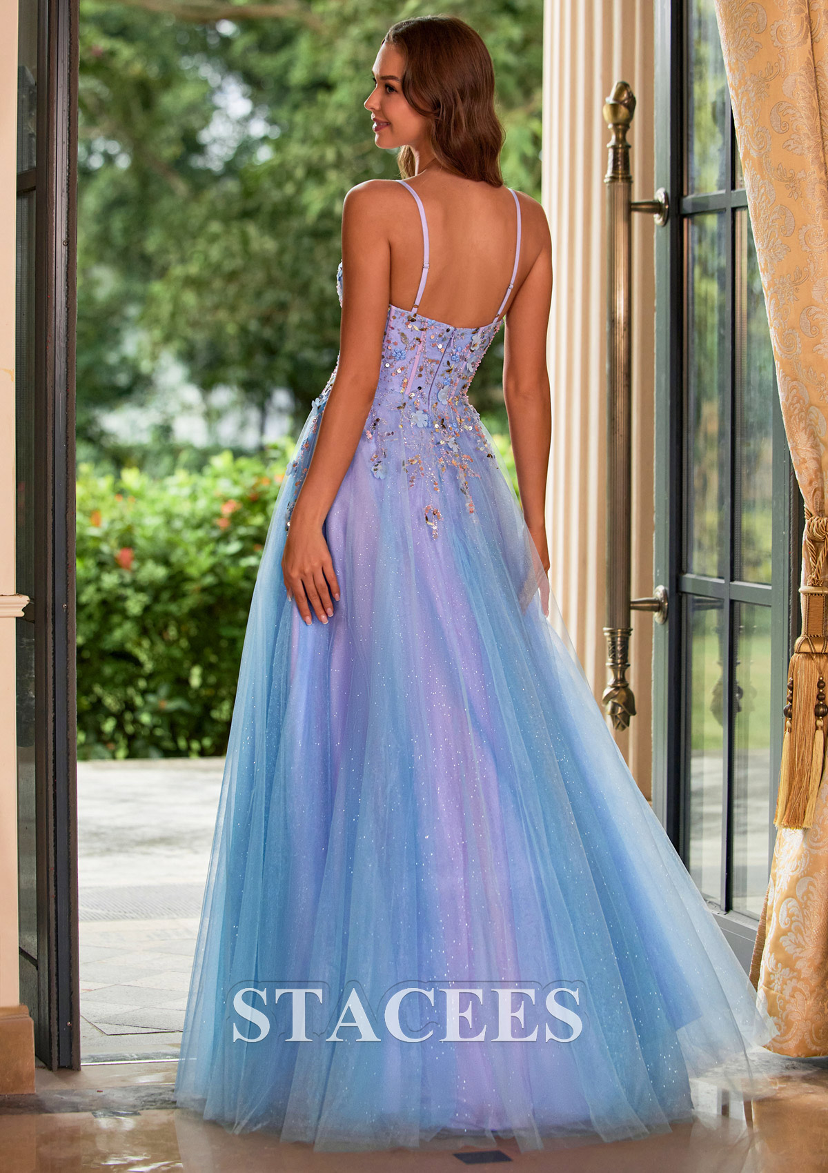 As picture Sparkle A-line Floral Applique Corset Glitter Tulle Prom Dress - STACEES