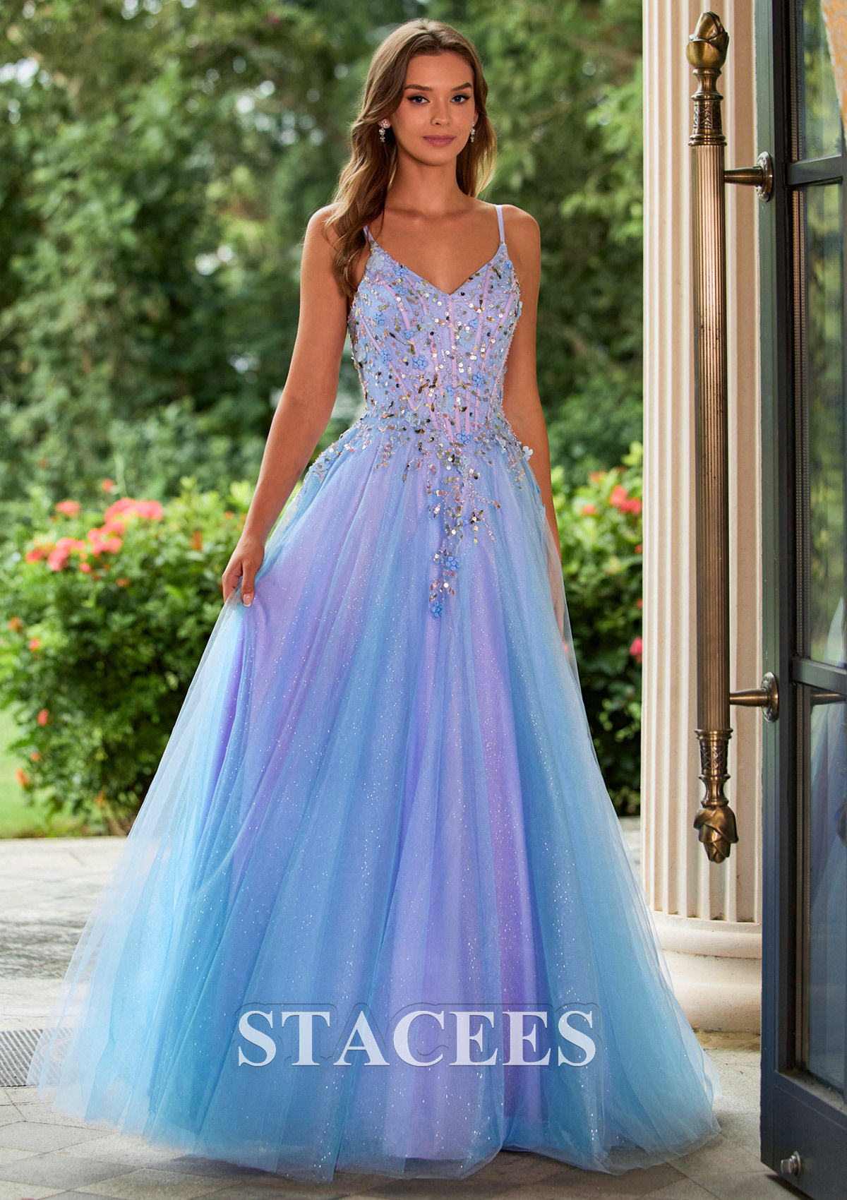 As picture Sparkle A-line Floral Applique Corset Glitter Tulle Prom Dress - STACEES