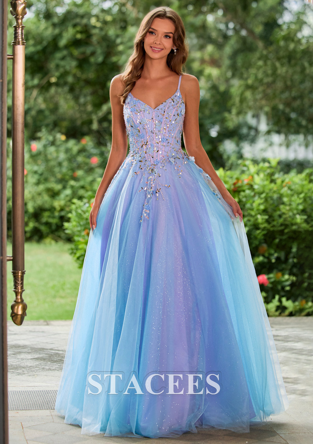 As picture Sparkle A-line Floral Applique Corset Glitter Tulle Prom Dress - STACEES