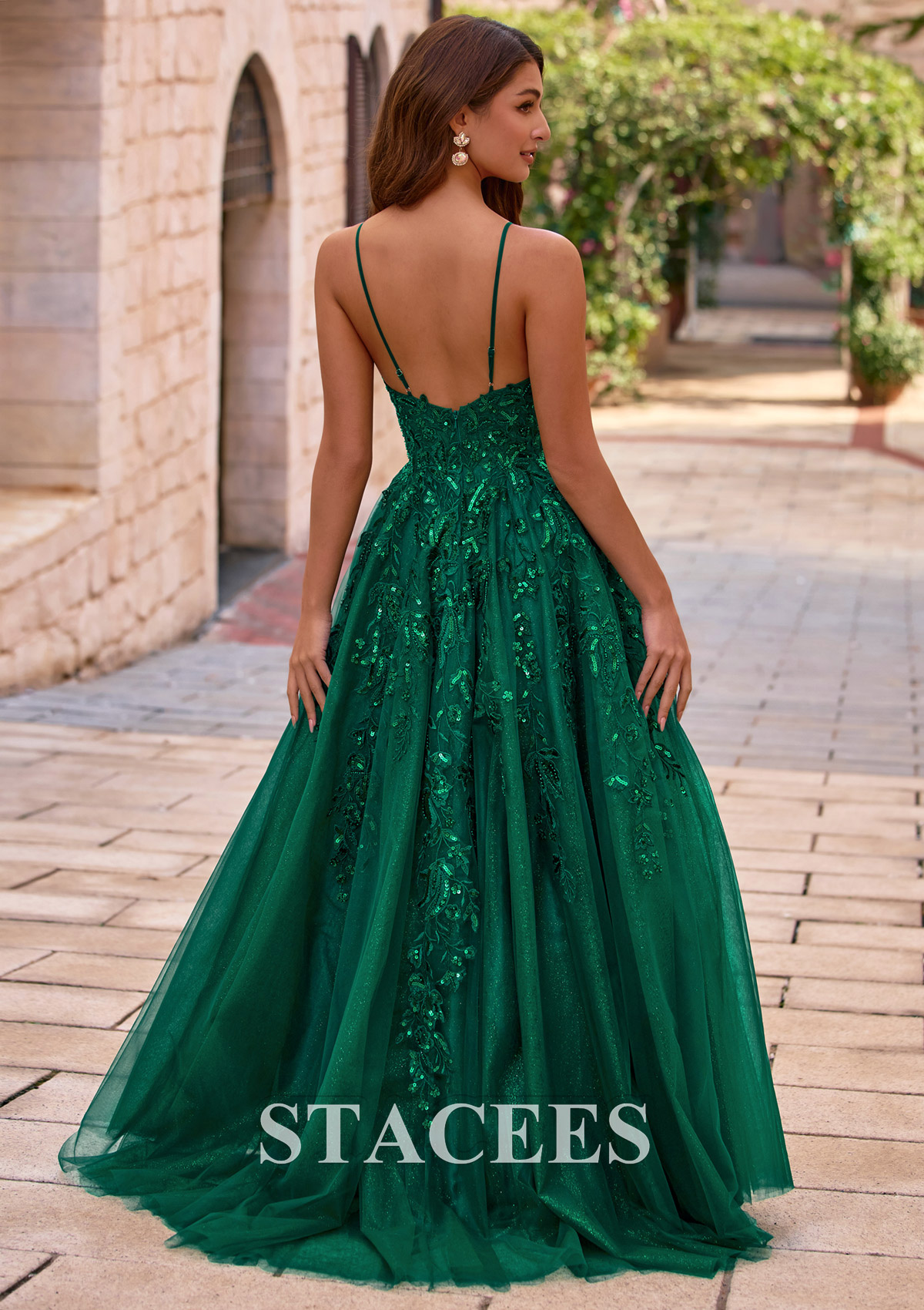 Dark Green Sparkling A-line V Neck Floral Sequins Embroidered Corset Glitter Tulle Prom Dress with Slit - STACEES