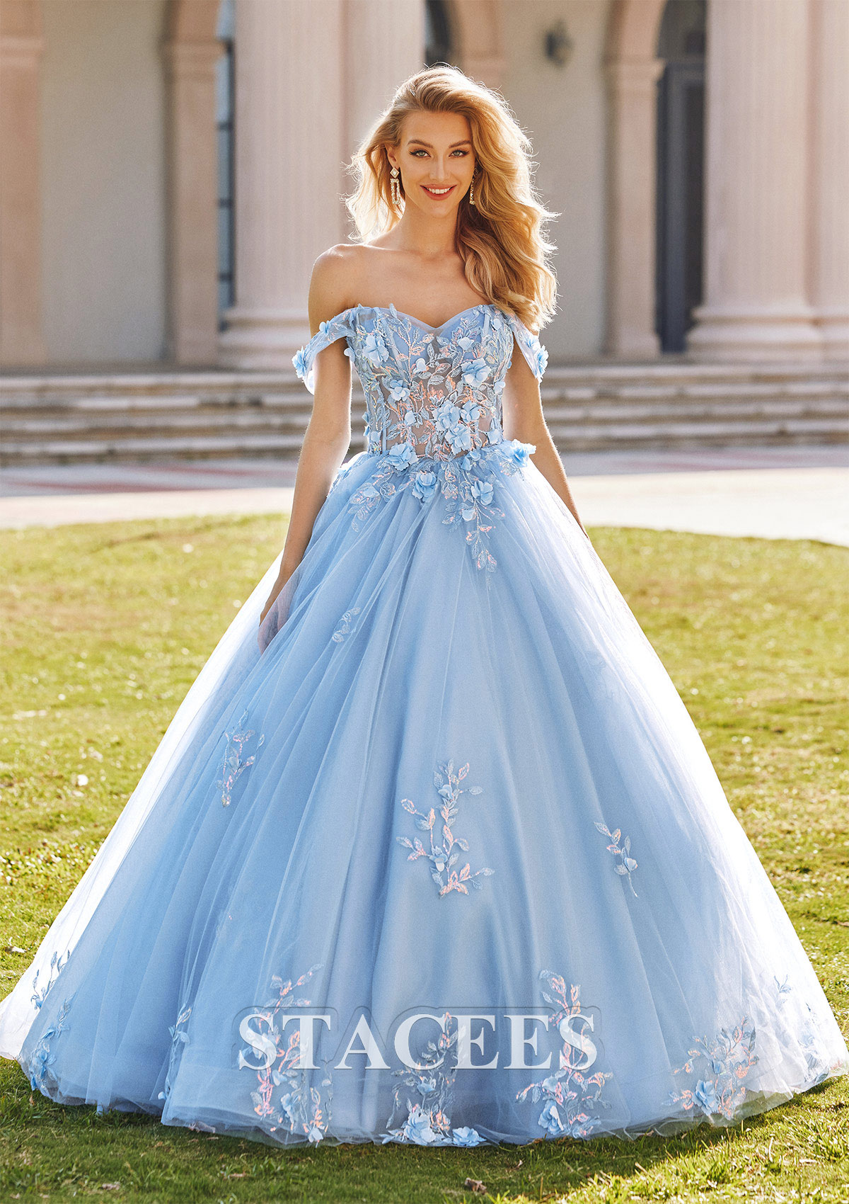 Sky Blue Ball Gown Off-the-Shoulder Long Tulle Prom Dress with Appliqued Sequins Petticoat - STACEES