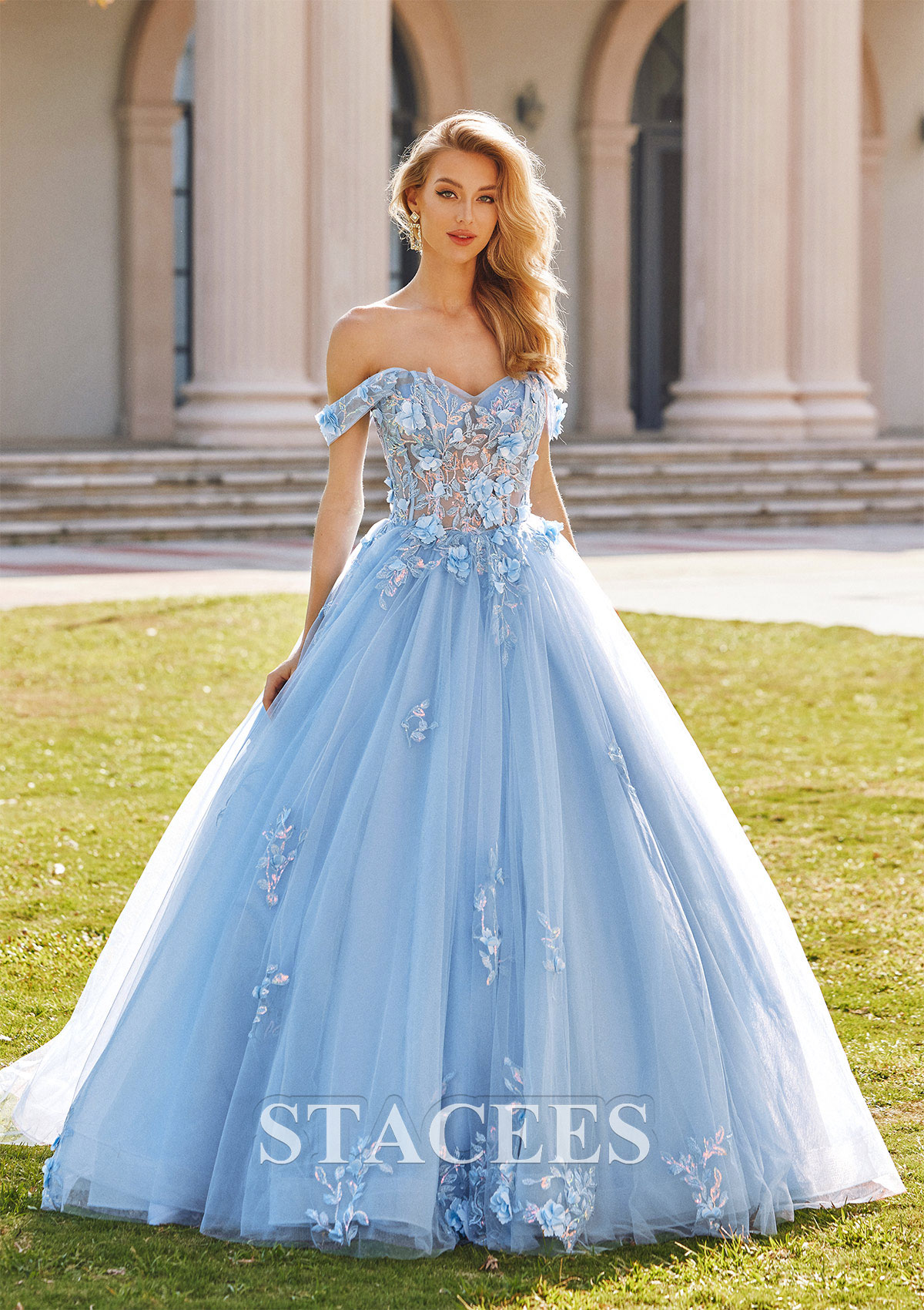 Sky Blue Ball Gown Off-the-Shoulder Long Tulle Prom Dress with Appliqued Sequins Petticoat - STACEES