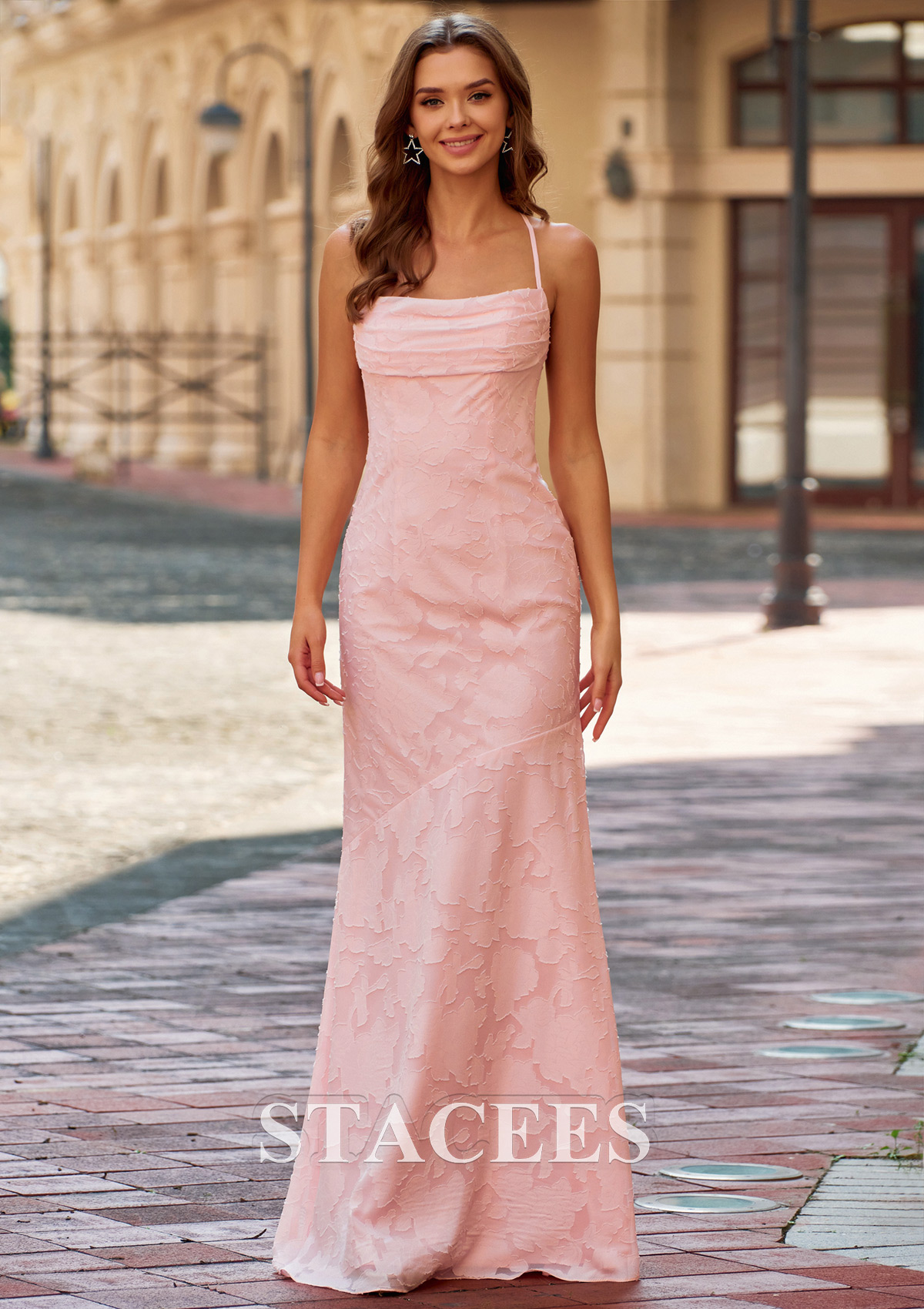 Blushing Pink Sheath Textured Jacquard Prom Dress with Ruched Neckline Open Strappy Back - STACEES
