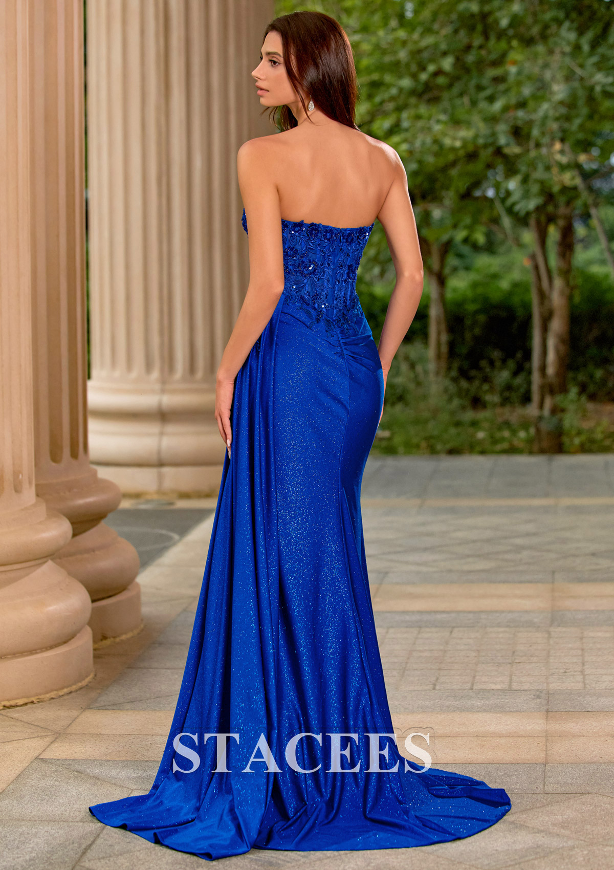 Royal Blue Sparkly Strapless Floral Corset Ruching Slit Prom Dress with Side Draping  - STACEES