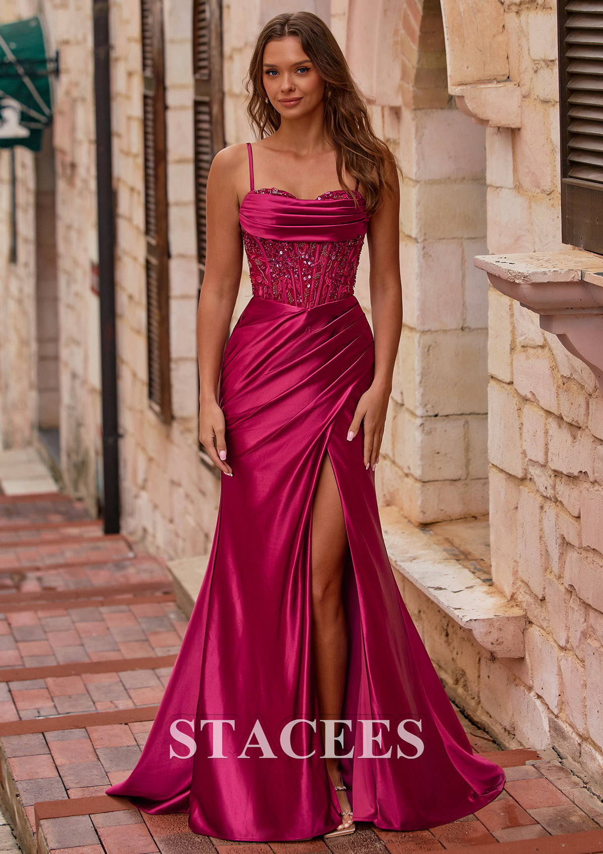 beaded embellished prom dress Ruched Mermaid Sequins Corset Slit with Spaghetti Straps S8877PA - Prom Dresses Fabric:Pima Cotton Stretch wrinkle resistant wool dress so the sheath silhouette Millie Bobby Brown Wears