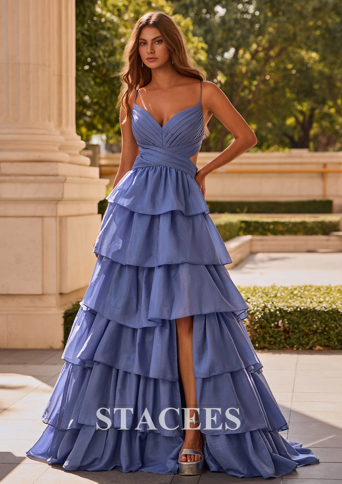 Dusty Blue A-line Straps Glitter Chiffon Tiered Ruffle Slit Prom Dress with Cutout - STACEES