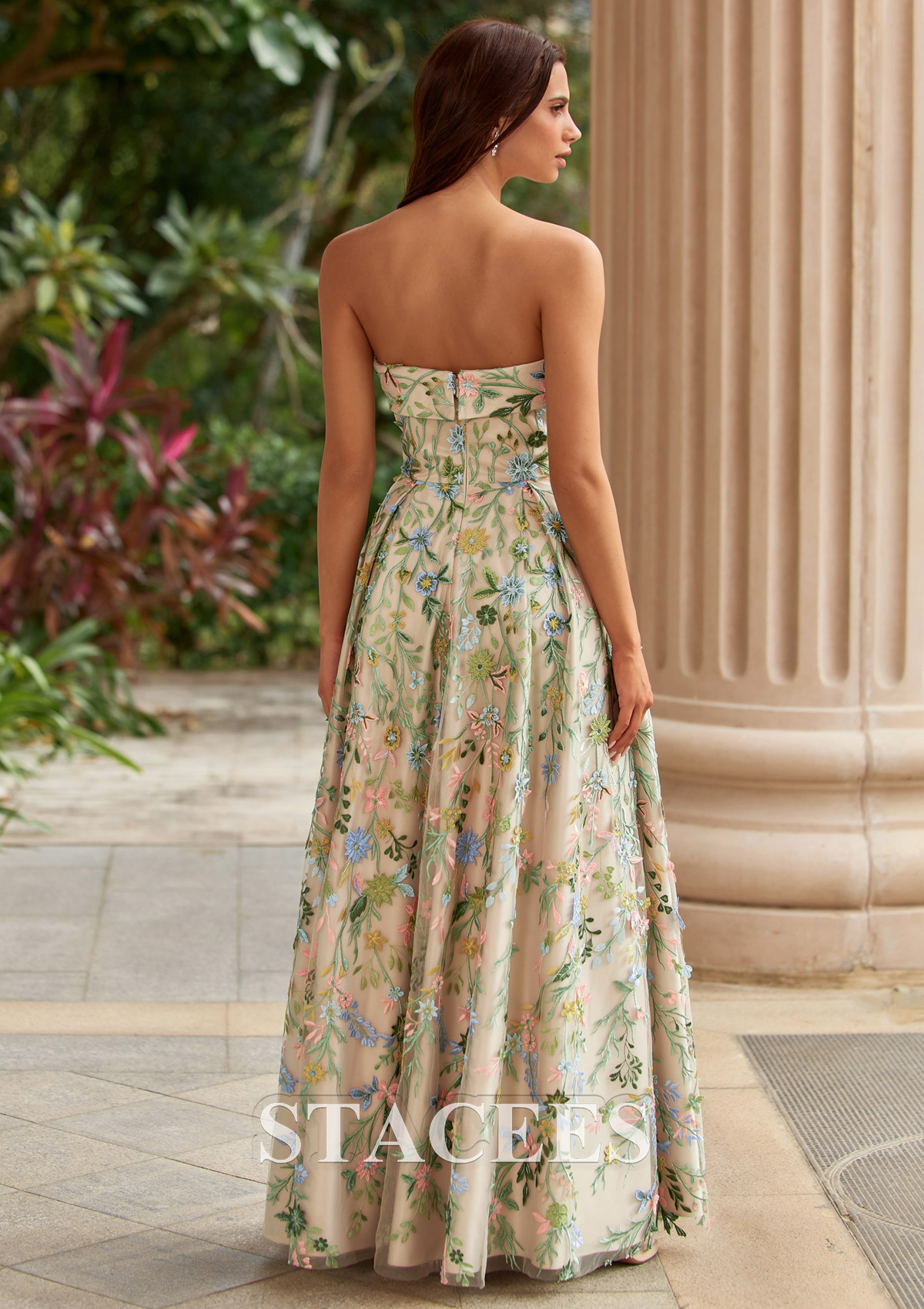 Champagne Floral Trapèze carrée tulle longueur ras du sol robe de bal avec broderie poches - STACEES