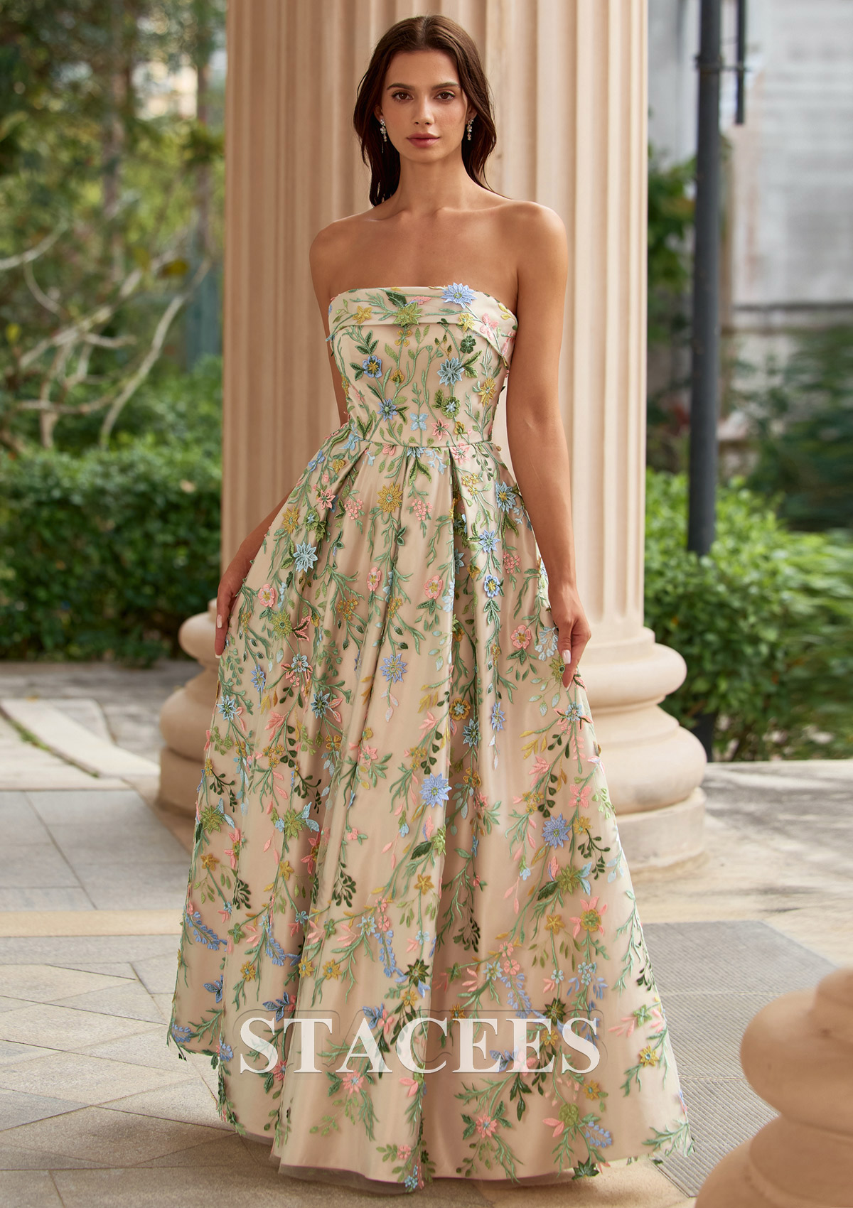 Champagne Floral Trapèze carrée tulle longueur ras du sol robe de bal avec broderie poches - STACEES