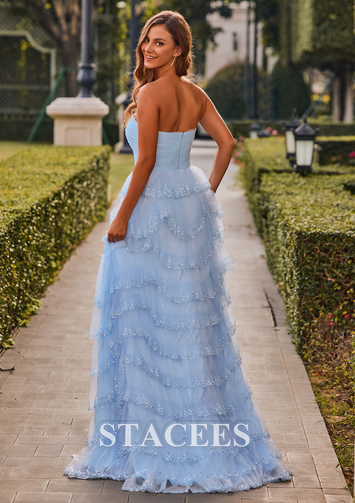 Sky Blue A-line Pleated Strapless Ruffle Beaded Prom Dress with Slit - STACEES