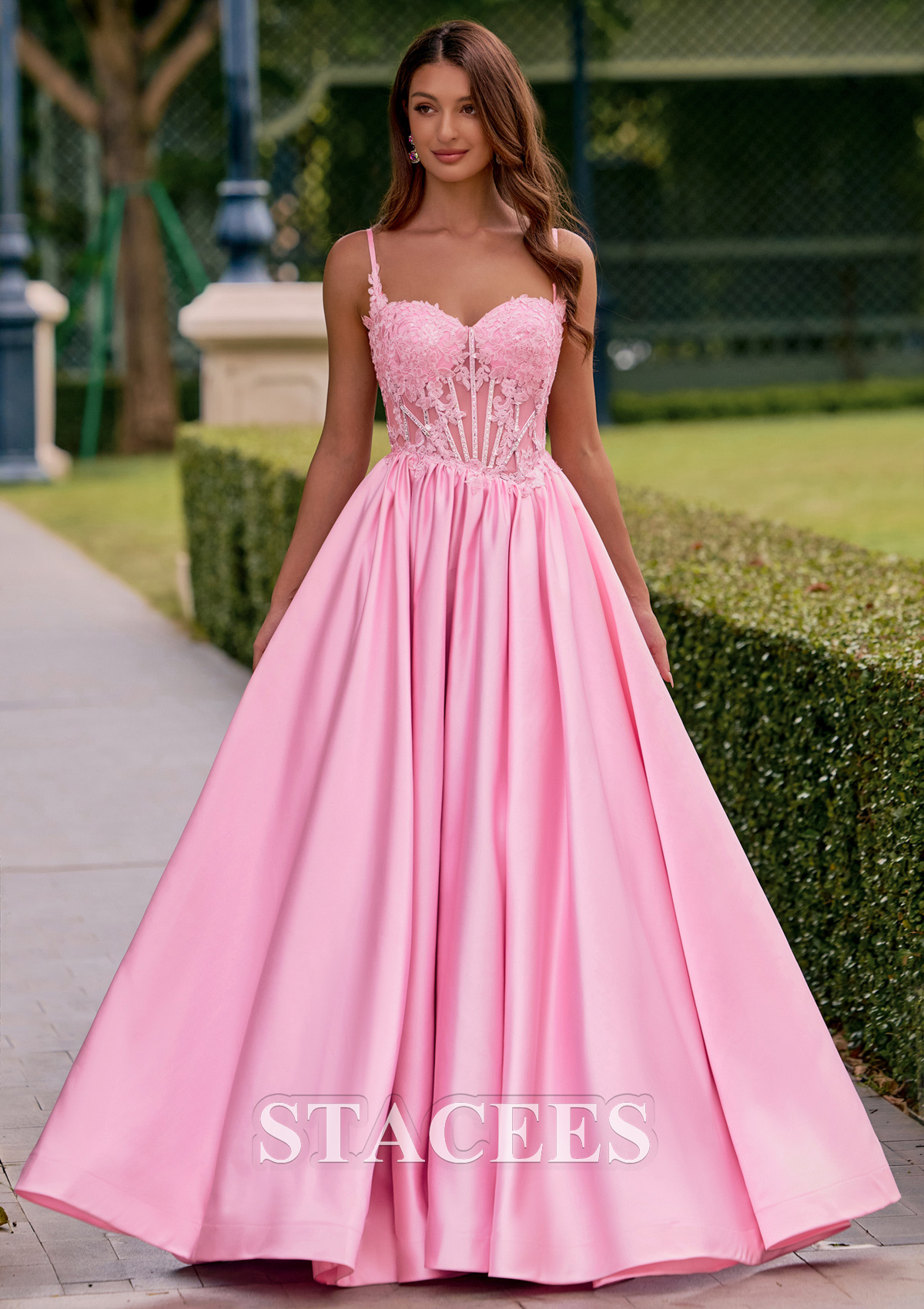 Blushing Pink A-line Beaded Sheer Corset Floor-Length Satin Prom Dress with Pockets  - STACEES