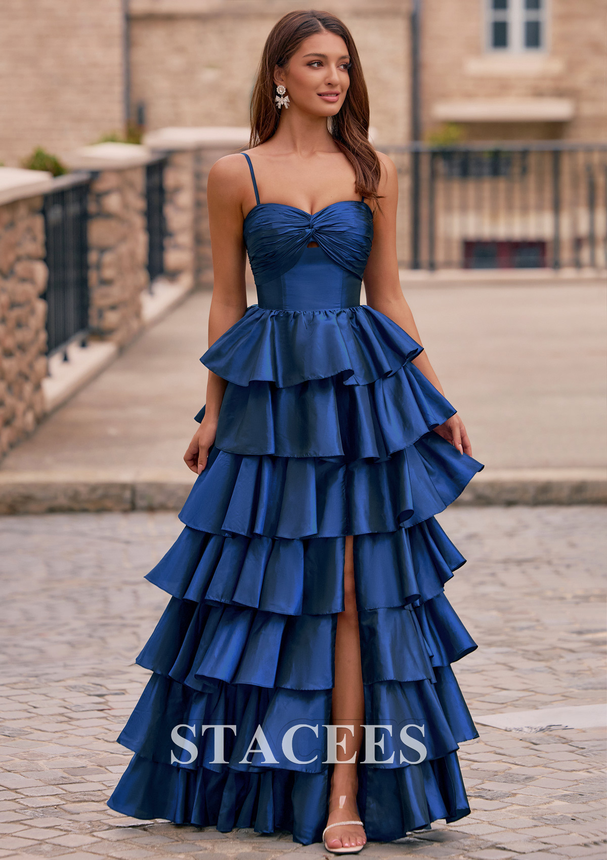 Dark Navy A-line Ruched Taffeta Tiered Ruffled Prom Dress with Keyhole Slit - STACEES