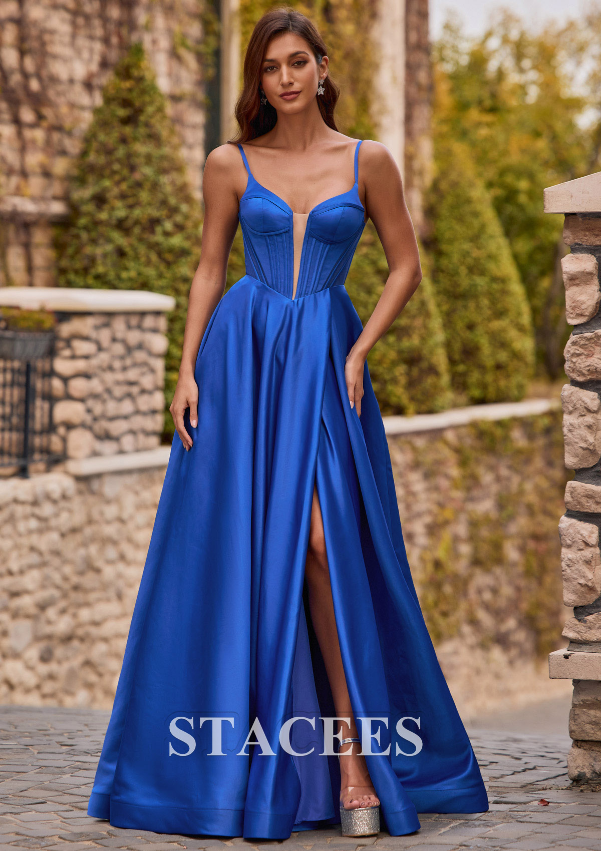 Ocean Blue A-line V Neck Satin Sweep Train Prom Dress with Split - STACEES