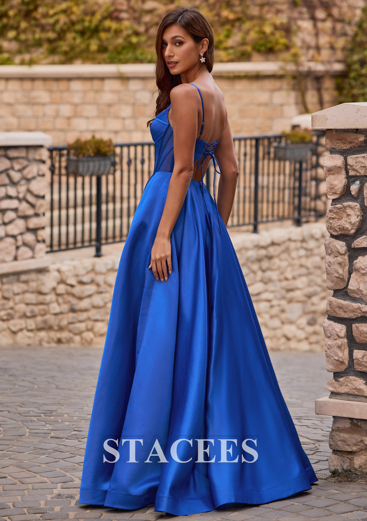 Ocean Blue A-line V Neck Satin Sweep Train Prom Dress with Split - STACEES