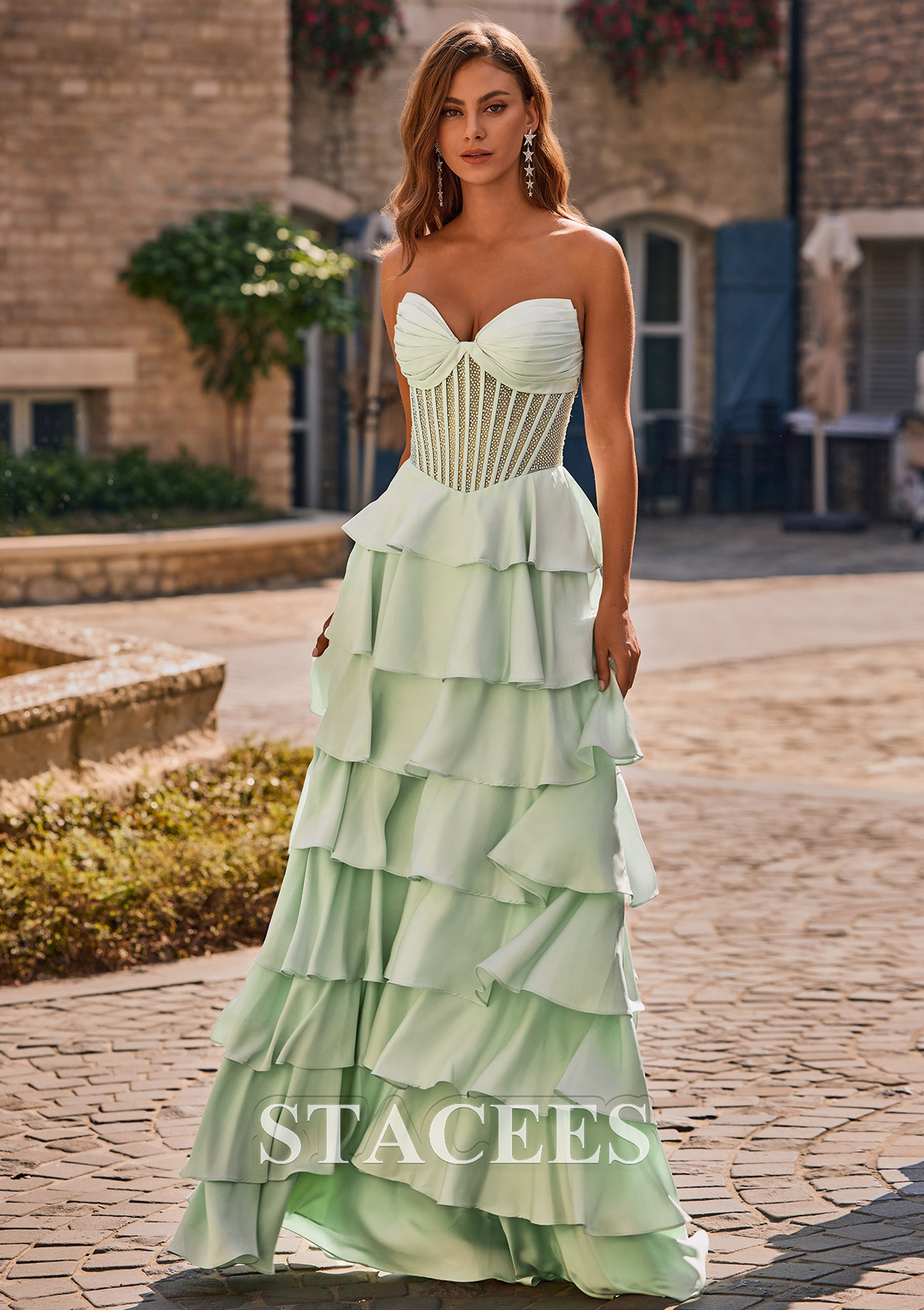As Picture A-line Strapless Tiered Ruffles Prom Dress with Beading Pleated Corset Bodice - STACEES