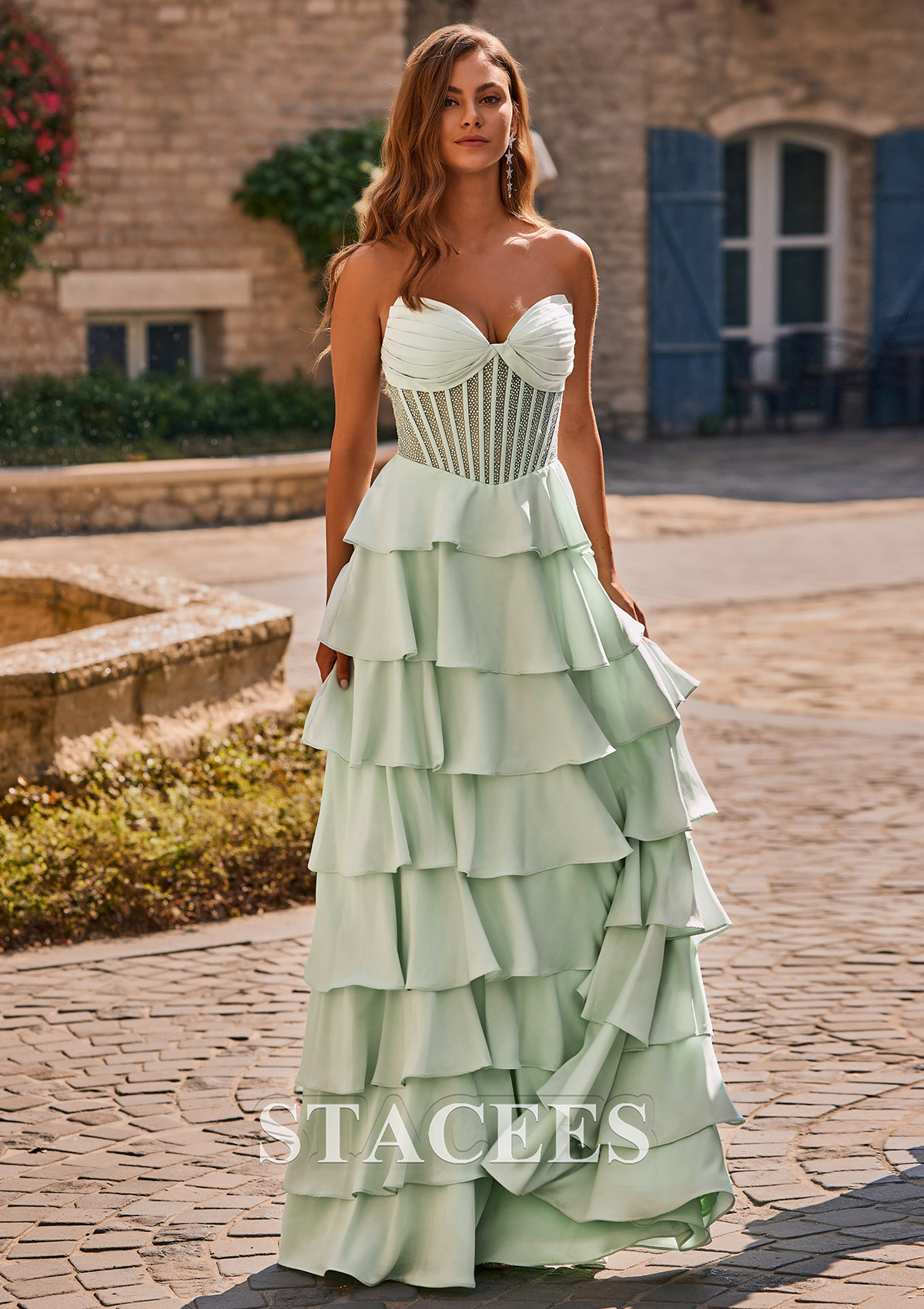 As Picture A-line Strapless Tiered Ruffles Prom Dress with Beading Pleated Corset Bodice - STACEES