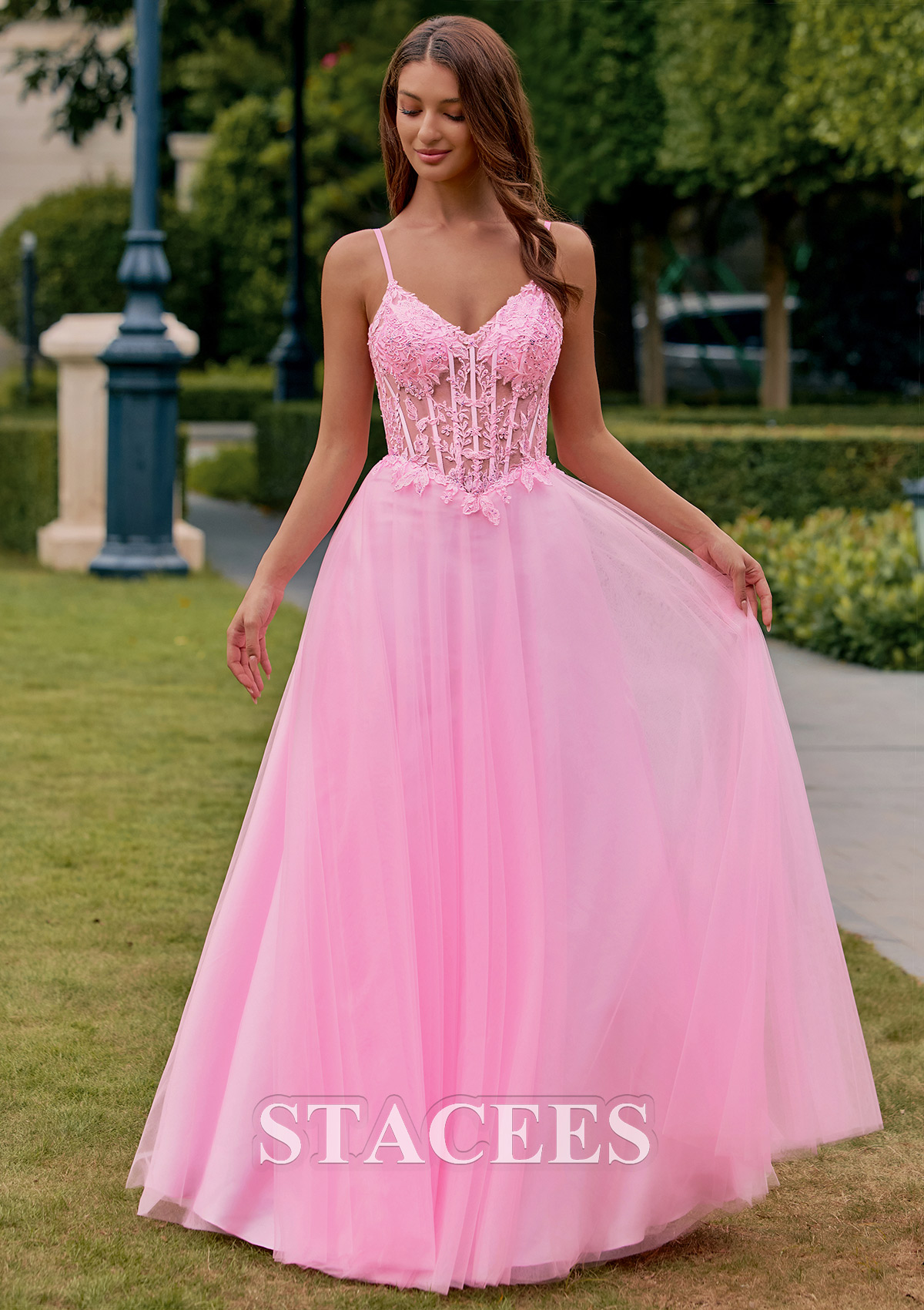 Candy Pink A-line V Neck Tulle Floor-Length Prom Dress with Lace Applique Corset Bodice - STACEES