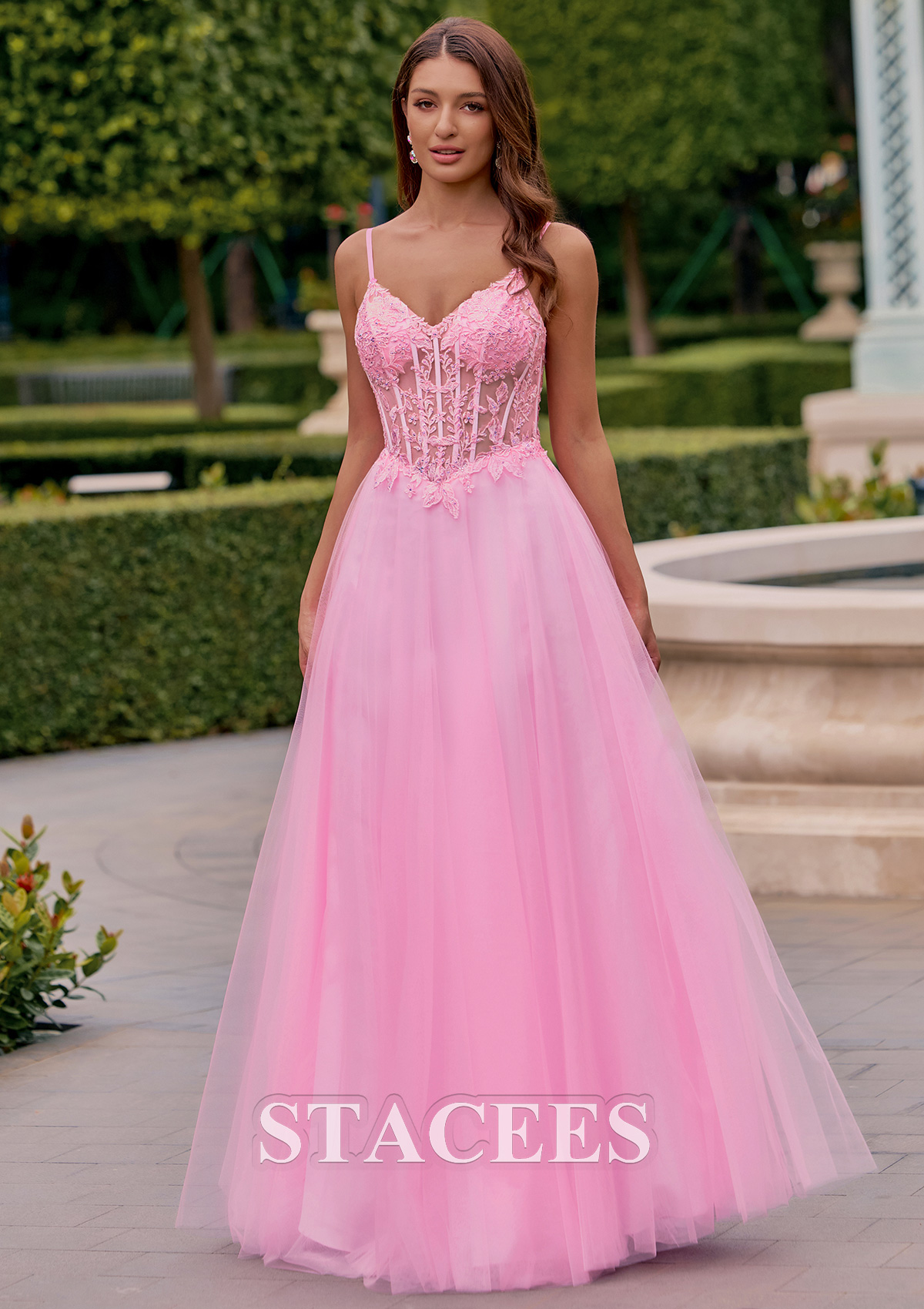 Candy Pink A-line V Neck Tulle Floor-Length Prom Dress with Lace Applique Corset Bodice - STACEES