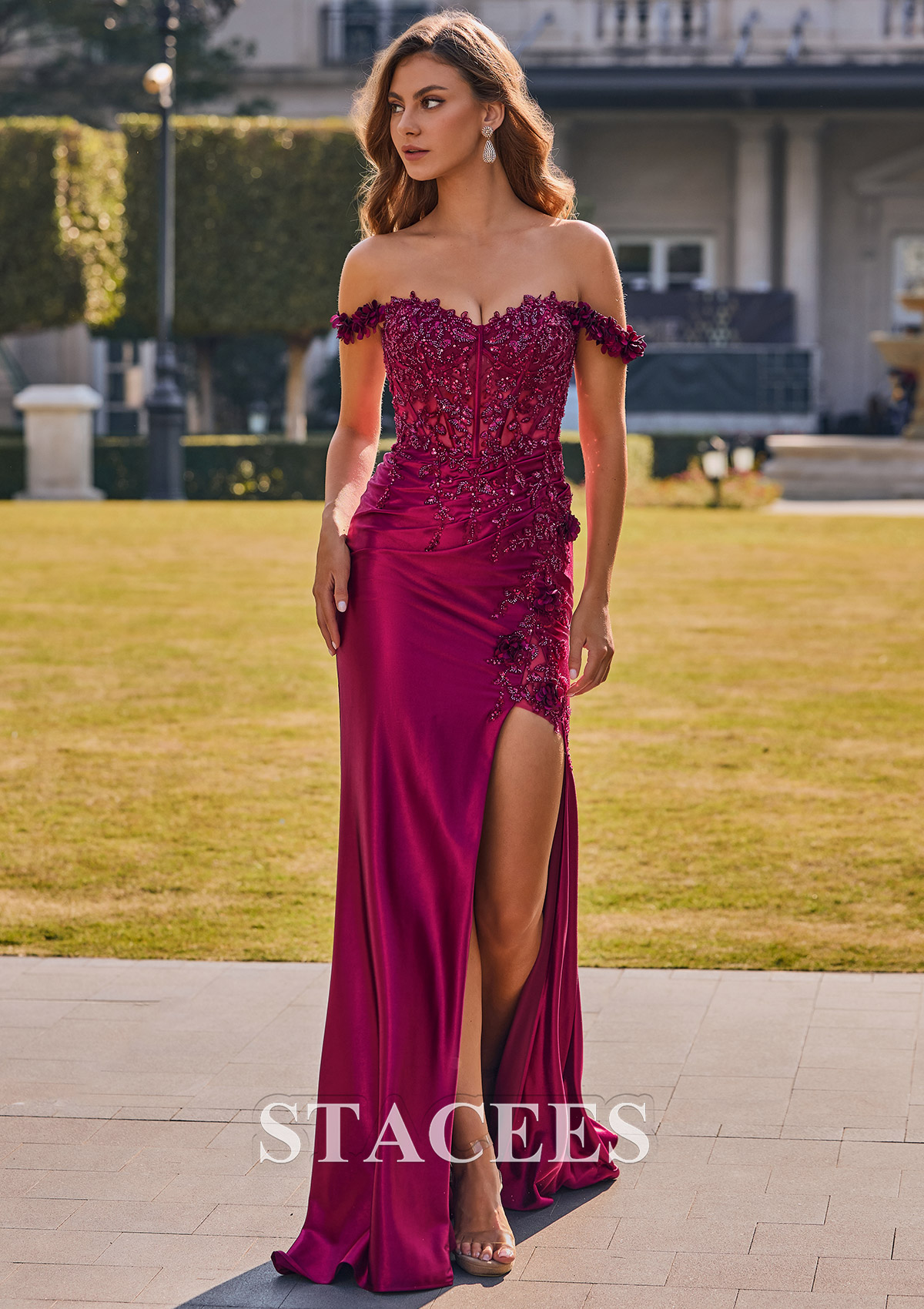 Bordeaux Trumpette/Sirène épaule dénudée soie comme du satin traîne balayage robe de bal  - STACEES