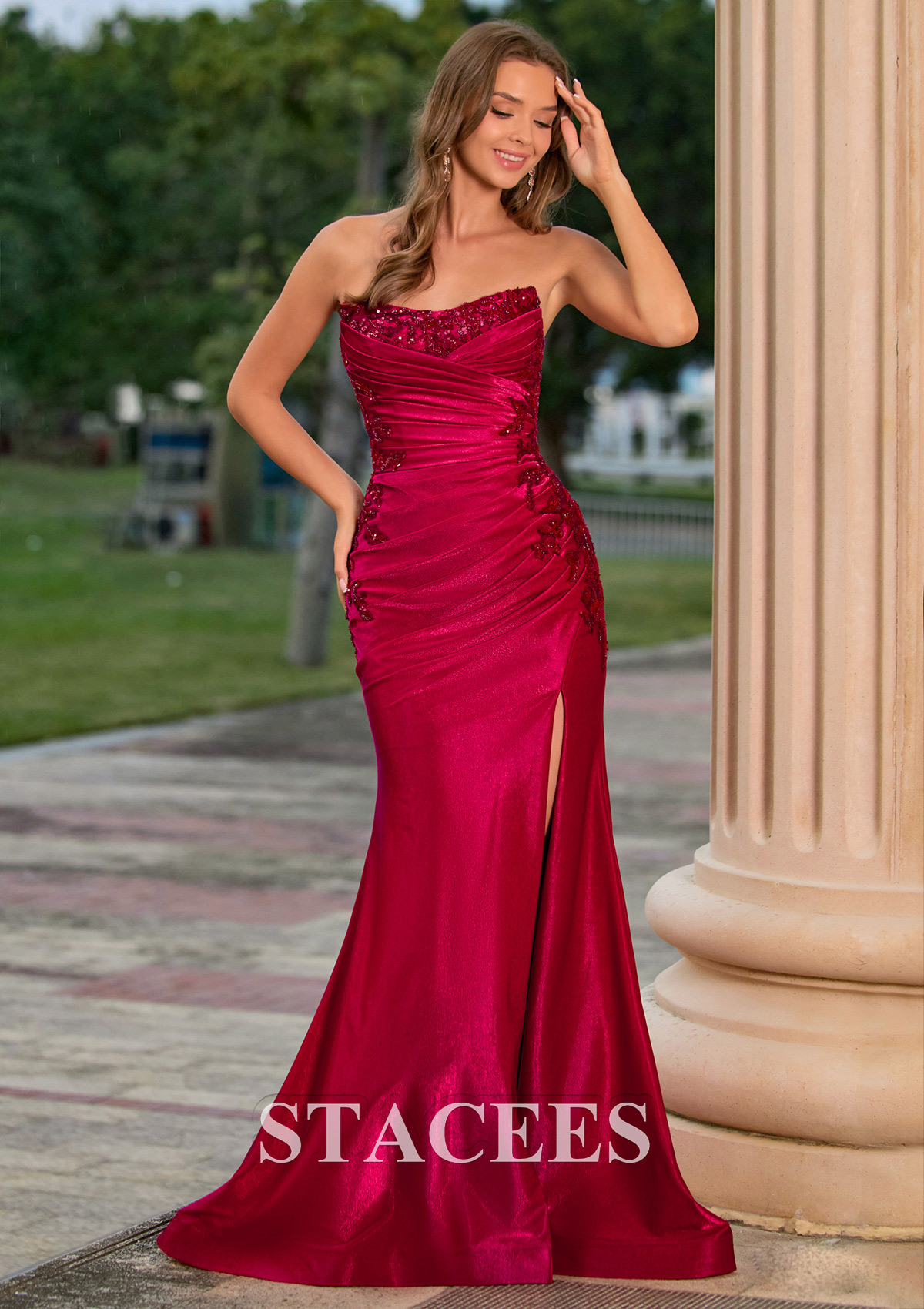 Burgundy Mermaid Strapless Beaded Applique Corset Ruched Prom Dress with Slit - STACEES