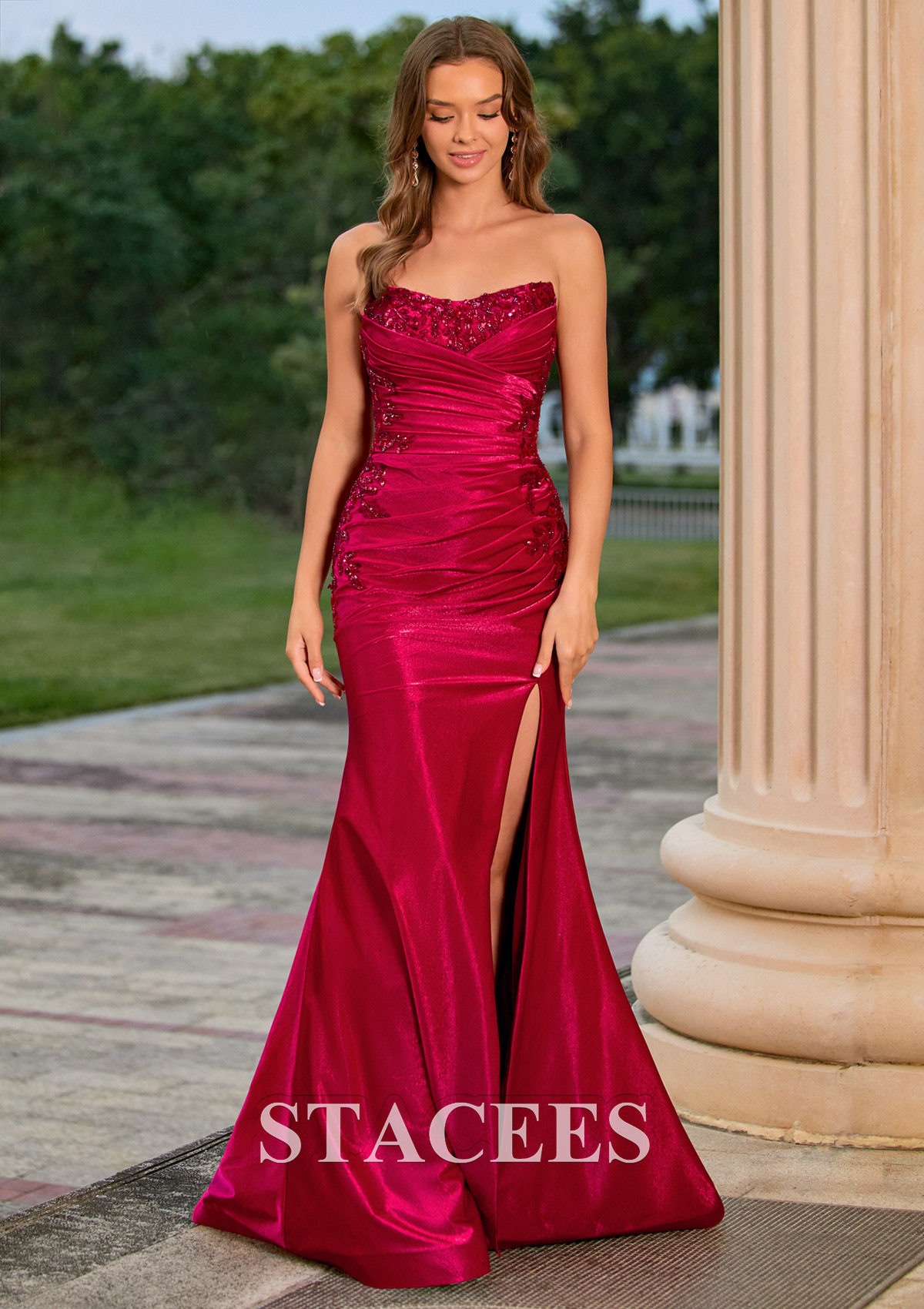 Burgundy Mermaid Strapless Beaded Applique Corset Ruched Prom Dress with Slit - STACEES