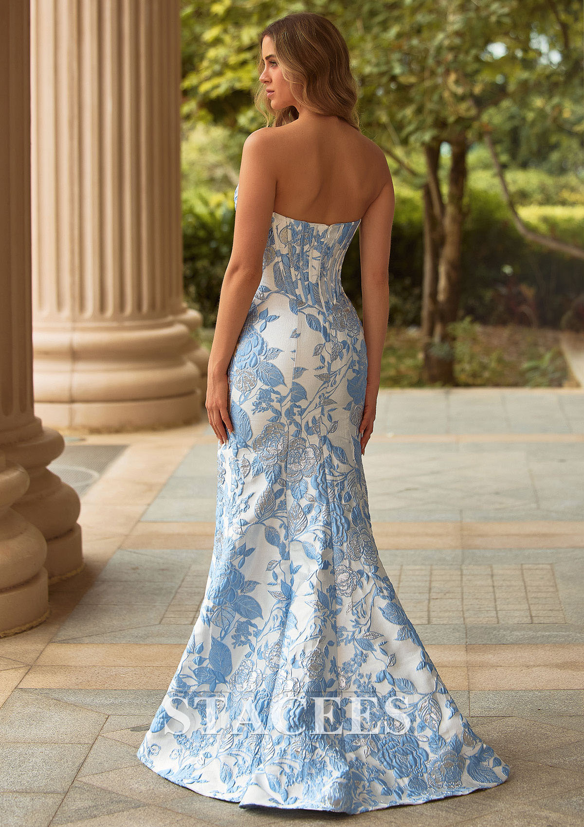 Floral bleu ciel Trumpette/Sirène cache coeur brocart traîne balayage robe de bal avec perles imprimé floral - STACEES