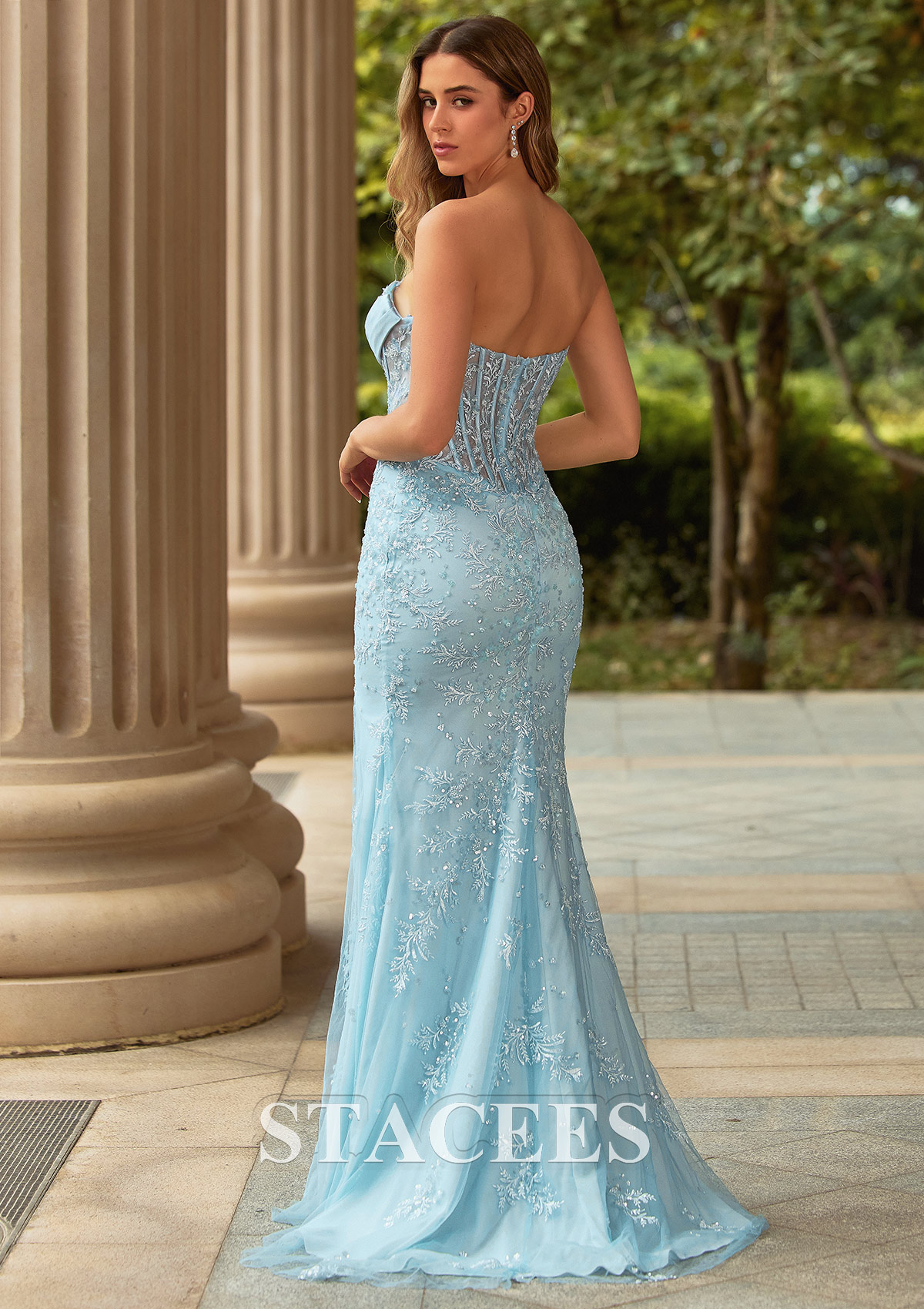 Sky Blue Sparkly Fitted Floral Beaded Prom Dress with Sheer Boned Pleated Bodice - STACEES
